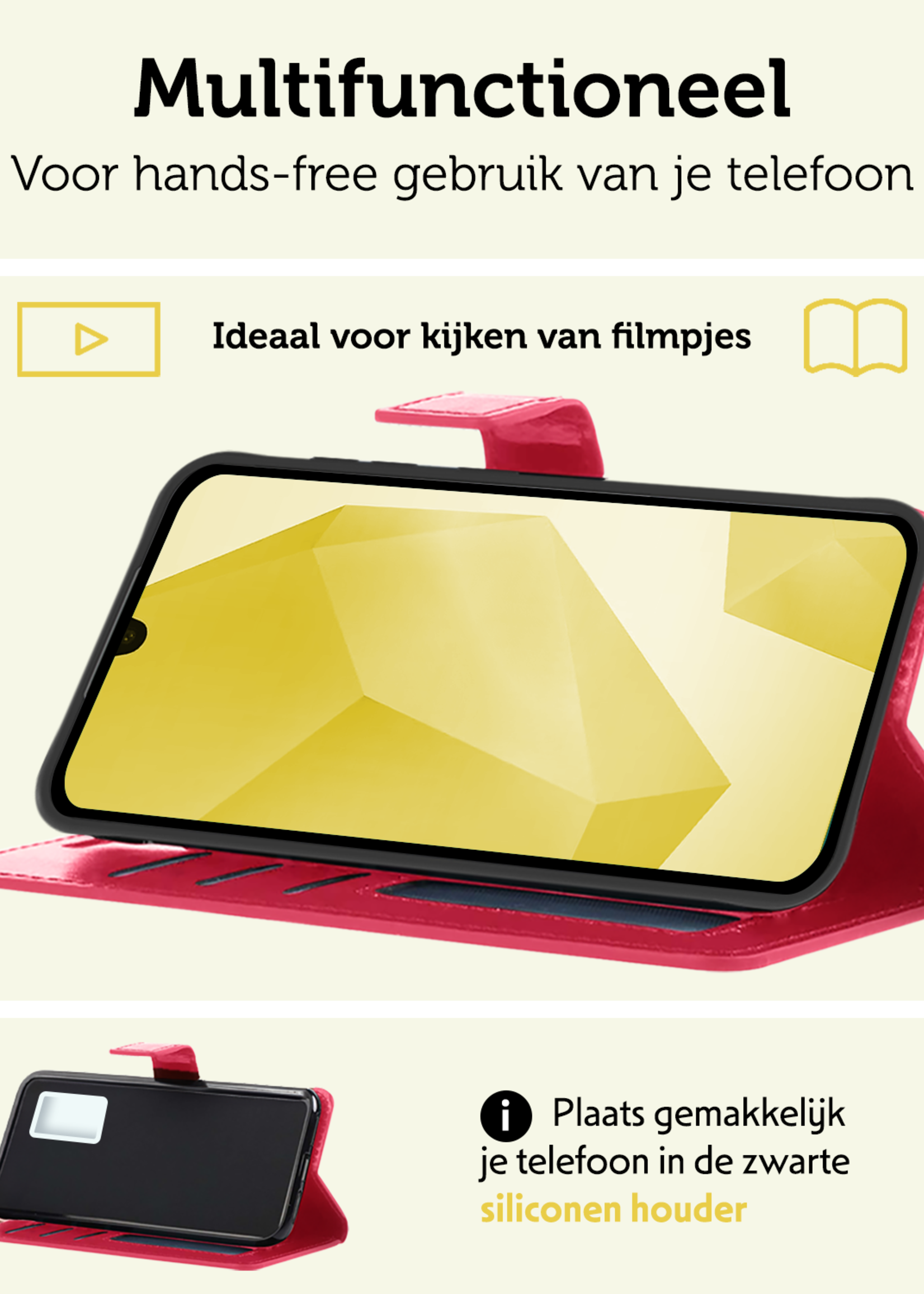 LUQ Hoesje Geschikt voor Samsung A16 Hoesje Book Case Hoes Wallet Cover Met 2x Screenprotector - Hoes Geschikt voor Samsung Galaxy A16 Hoesje Bookcase Hoes - Donkerroze