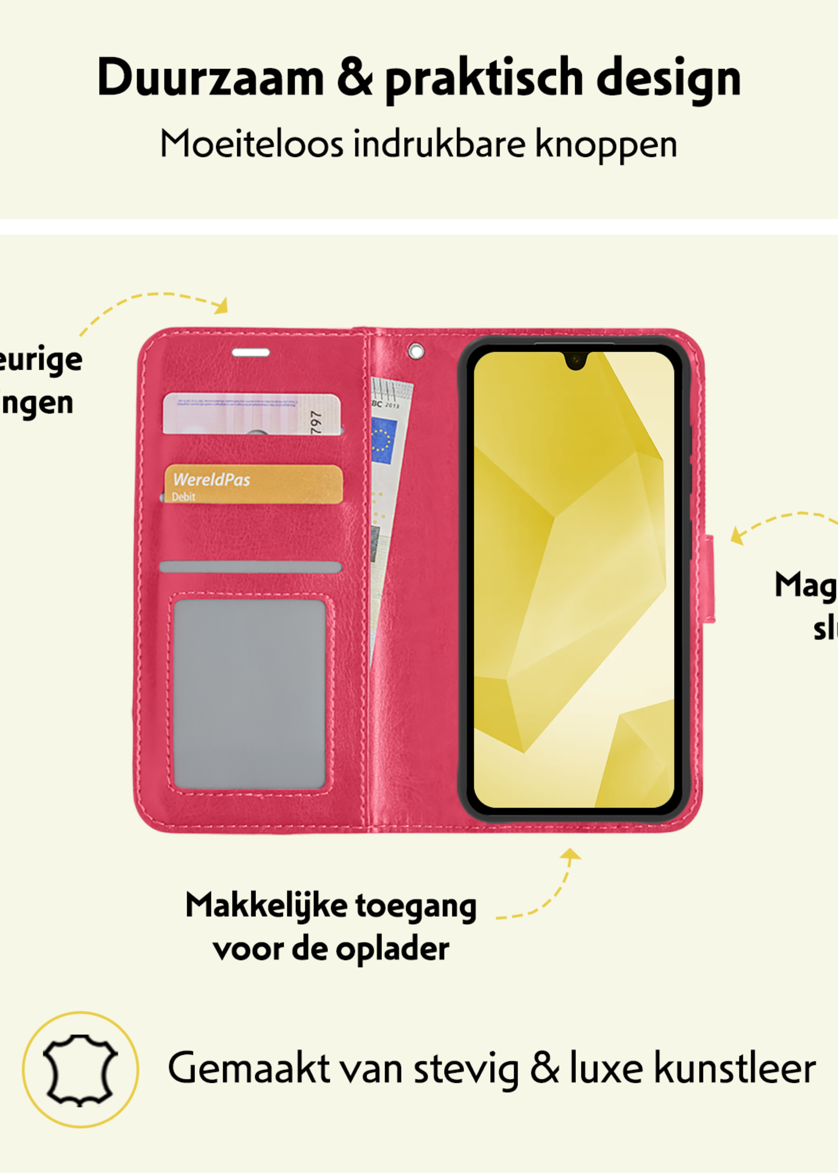 LUQ Hoesje Geschikt voor Samsung A16 Hoesje Book Case Hoes Wallet Cover Met 2x Screenprotector - Hoes Geschikt voor Samsung Galaxy A16 Hoesje Bookcase Hoes - Donkerroze