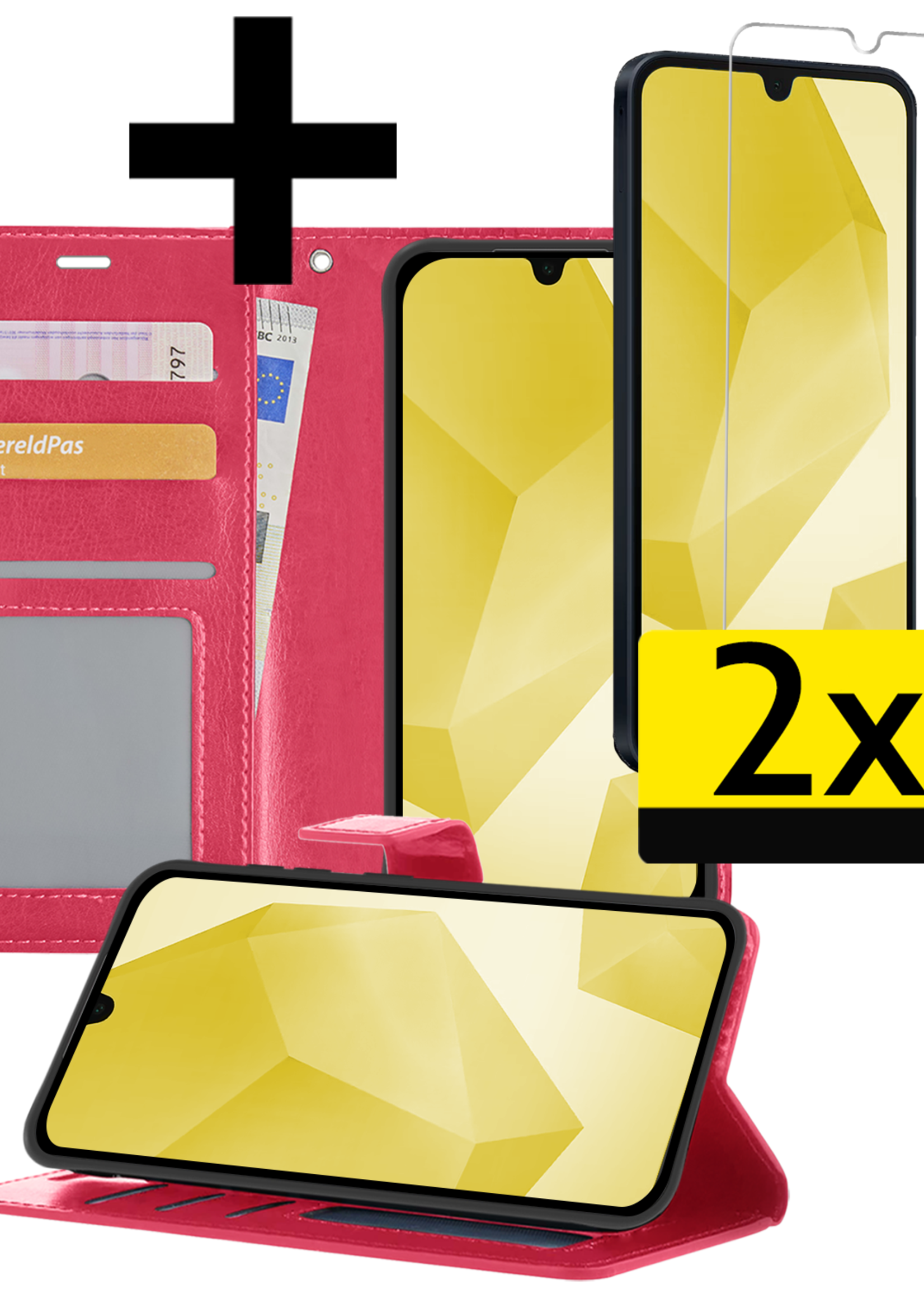 LUQ Hoesje Geschikt voor Samsung A16 Hoesje Book Case Hoes Wallet Cover Met 2x Screenprotector - Hoes Geschikt voor Samsung Galaxy A16 Hoesje Bookcase Hoes - Donkerroze