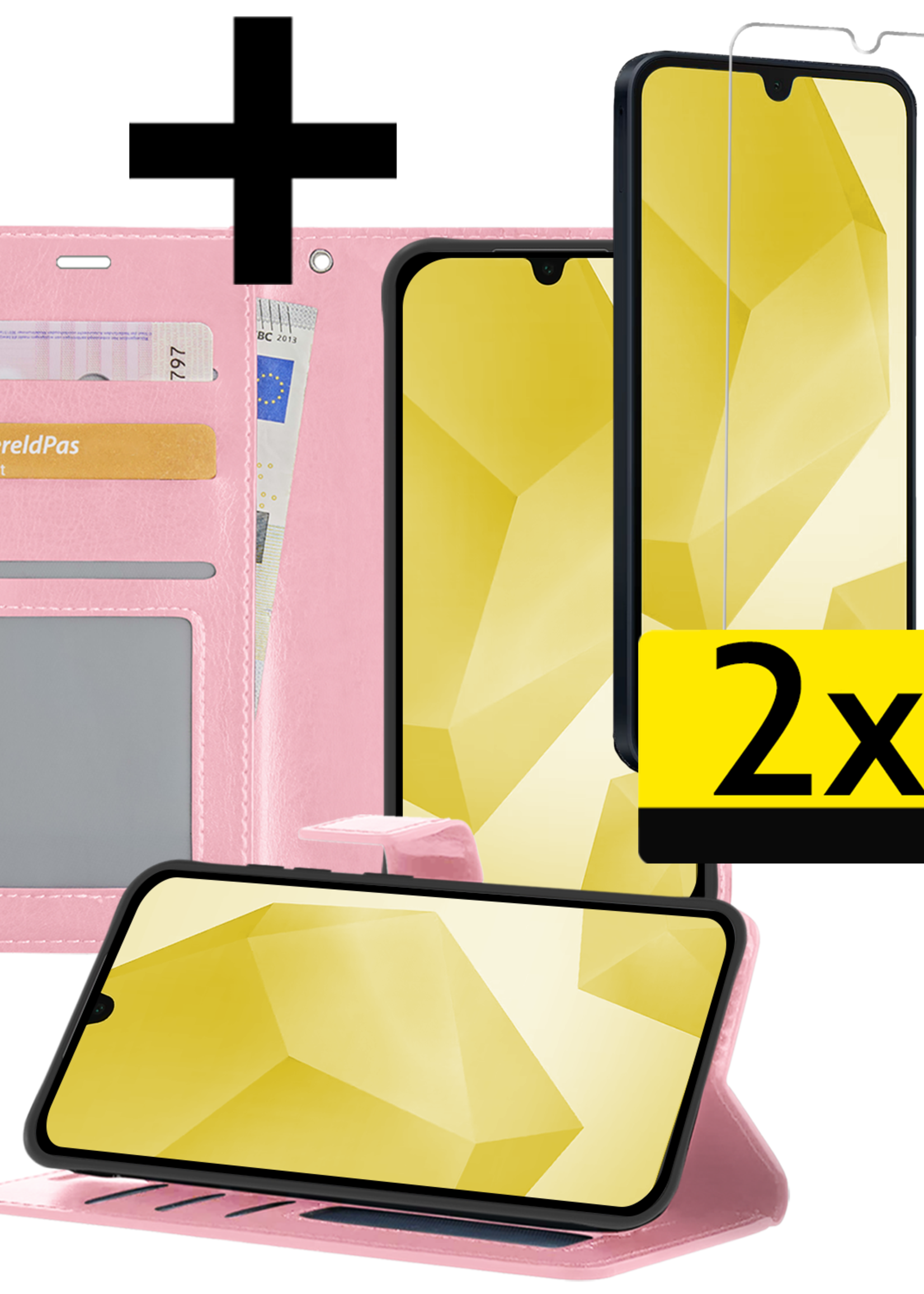 LUQ Hoesje Geschikt voor Samsung A16 Hoesje Book Case Hoes Wallet Cover Met 2x Screenprotector - Hoes Geschikt voor Samsung Galaxy A16 Hoesje Bookcase Hoes - Lichtroze