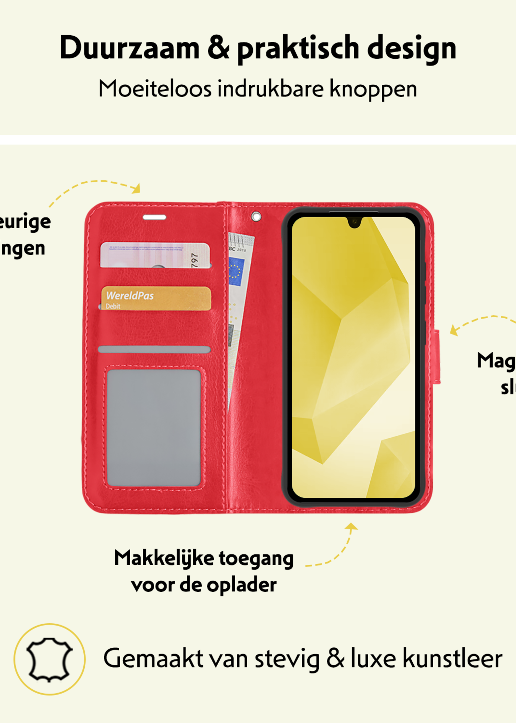 LUQ Hoesje Geschikt voor Samsung A16 Hoesje Book Case Hoes Wallet Cover Met 2x Screenprotector - Hoes Geschikt voor Samsung Galaxy A16 Hoesje Bookcase Hoes - Rood