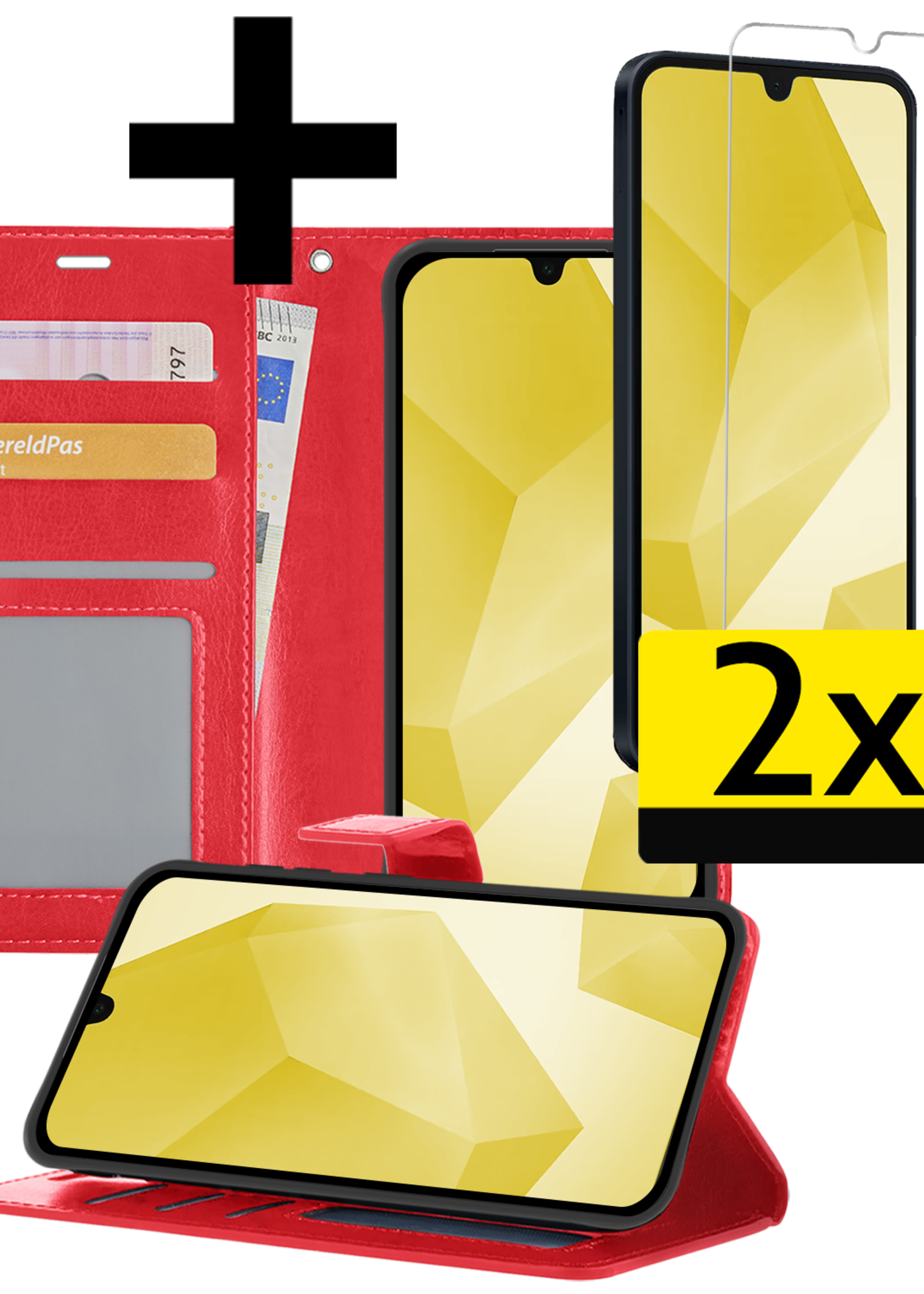 LUQ Hoesje Geschikt voor Samsung A16 Hoesje Book Case Hoes Wallet Cover Met 2x Screenprotector - Hoes Geschikt voor Samsung Galaxy A16 Hoesje Bookcase Hoes - Rood