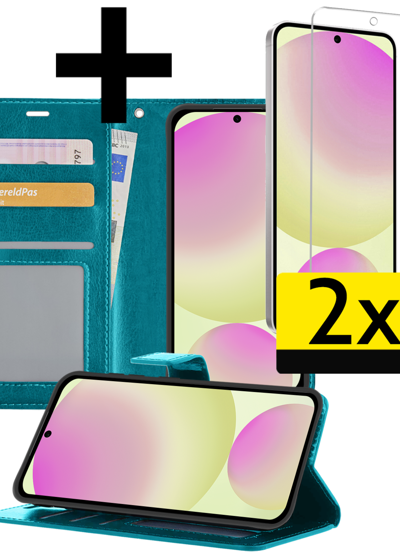 LUQ Hoesje Geschikt voor Samsung S24 FE Hoesje Book Case Hoes Wallet Cover Met 2x Screenprotector - Hoes Geschikt voor Samsung Galaxy S24 FE Hoesje Bookcase Hoes - Turquoise