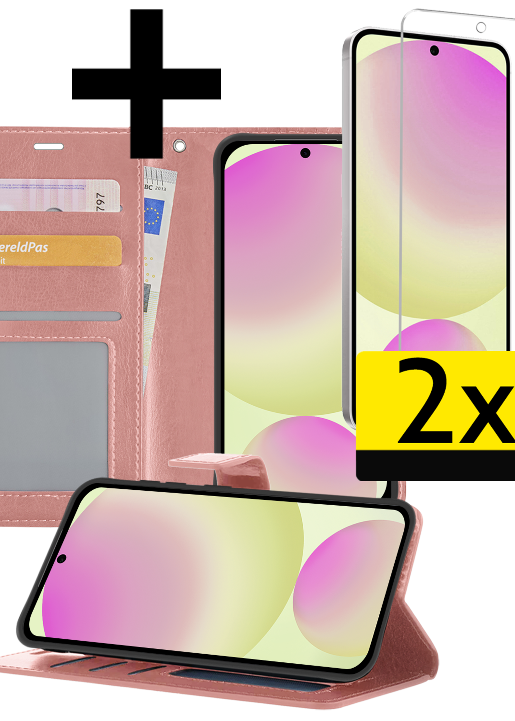 LUQ Hoesje Geschikt voor Samsung S24 FE Hoesje Book Case Hoes Wallet Cover Met 2x Screenprotector - Hoes Geschikt voor Samsung Galaxy S24 FE Hoesje Bookcase Hoes - Rosé goud