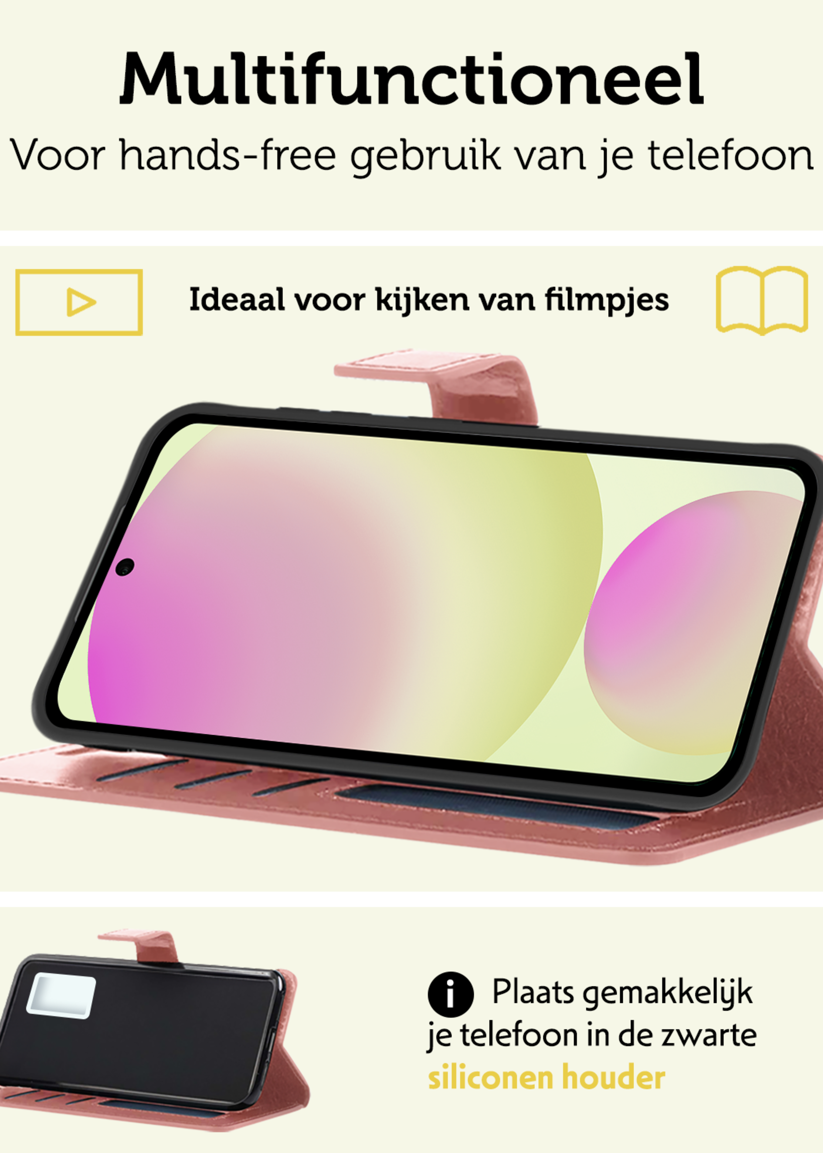 LUQ Hoesje Geschikt voor Samsung S24 FE Hoesje Book Case Hoes Wallet Cover Met 2x Screenprotector - Hoes Geschikt voor Samsung Galaxy S24 FE Hoesje Bookcase Hoes - Rosé goud