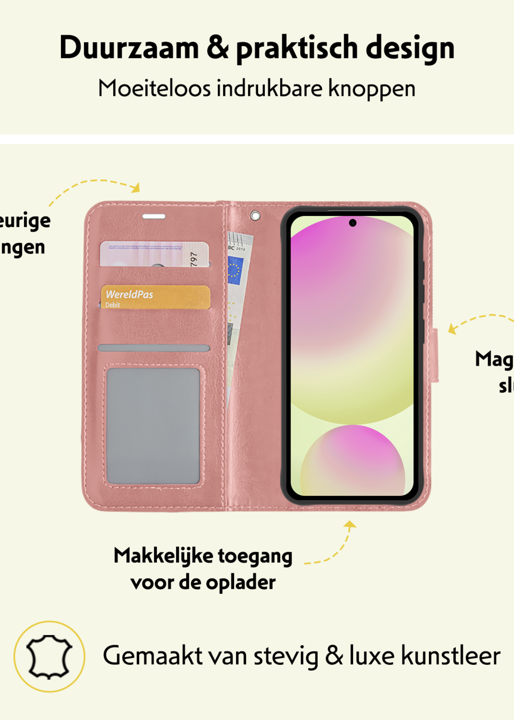 LUQ Hoesje Geschikt voor Samsung S24 FE Hoesje Book Case Hoes Wallet Cover Met 2x Screenprotector - Hoes Geschikt voor Samsung Galaxy S24 FE Hoesje Bookcase Hoes - Rosé goud