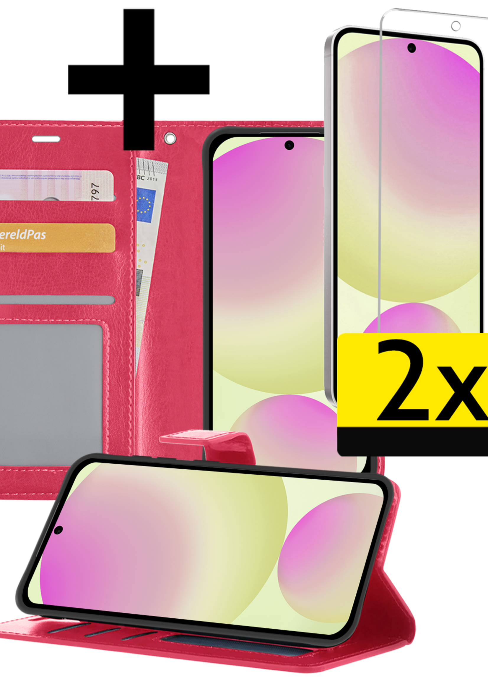 LUQ Hoesje Geschikt voor Samsung S24 FE Hoesje Book Case Hoes Wallet Cover Met 2x Screenprotector - Hoes Geschikt voor Samsung Galaxy S24 FE Hoesje Bookcase Hoes - Donkerroze