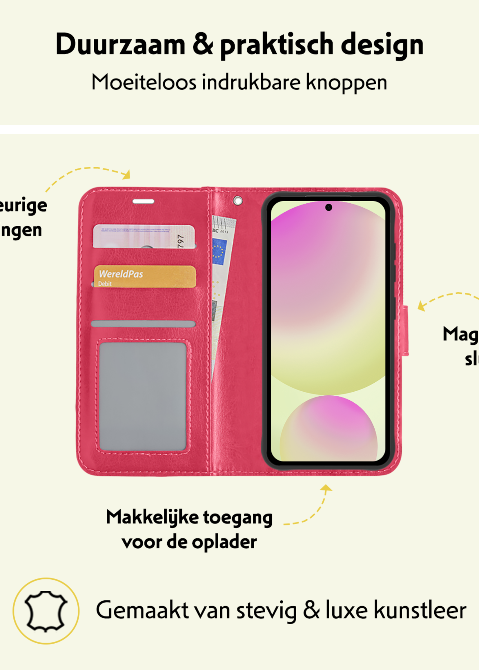 LUQ Hoesje Geschikt voor Samsung S24 FE Hoesje Book Case Hoes Wallet Cover Met 2x Screenprotector - Hoes Geschikt voor Samsung Galaxy S24 FE Hoesje Bookcase Hoes - Donkerroze