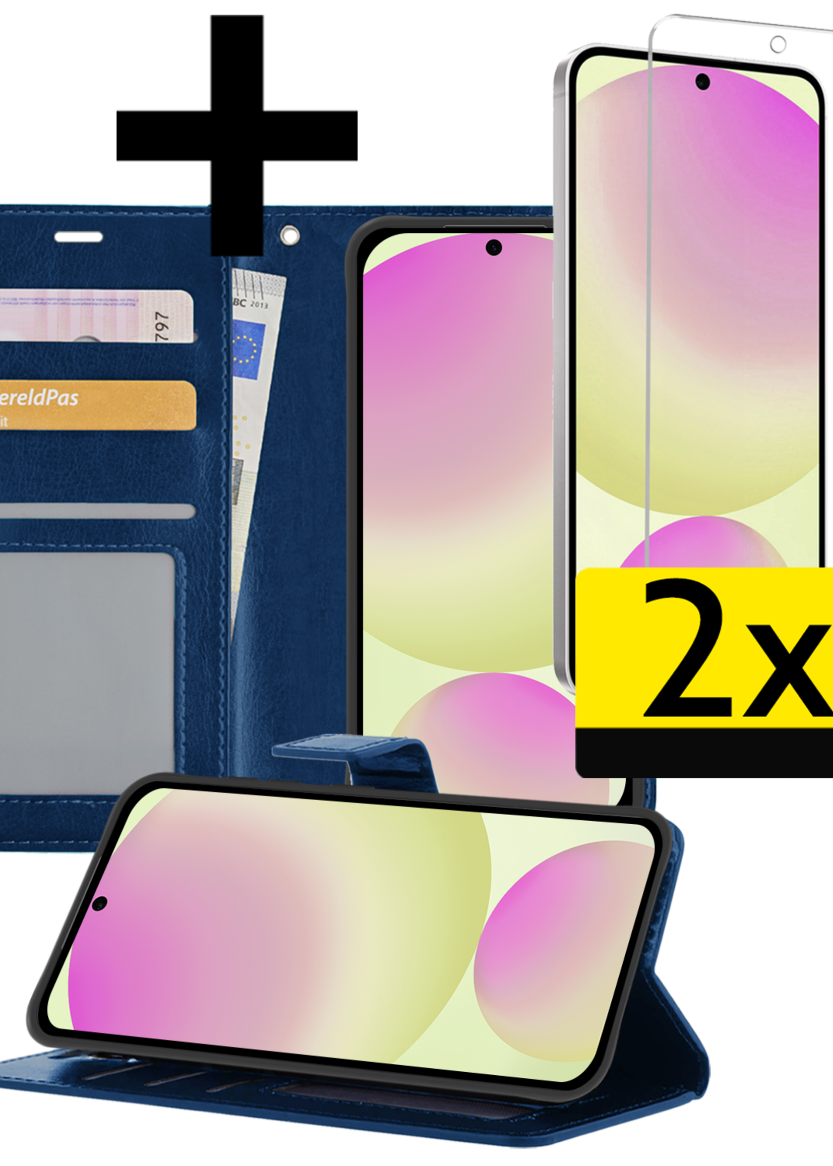 LUQ Hoesje Geschikt voor Samsung S24 FE Hoesje Book Case Hoes Wallet Cover Met 2x Screenprotector - Hoes Geschikt voor Samsung Galaxy S24 FE Hoesje Bookcase Hoes - Donkerblauw