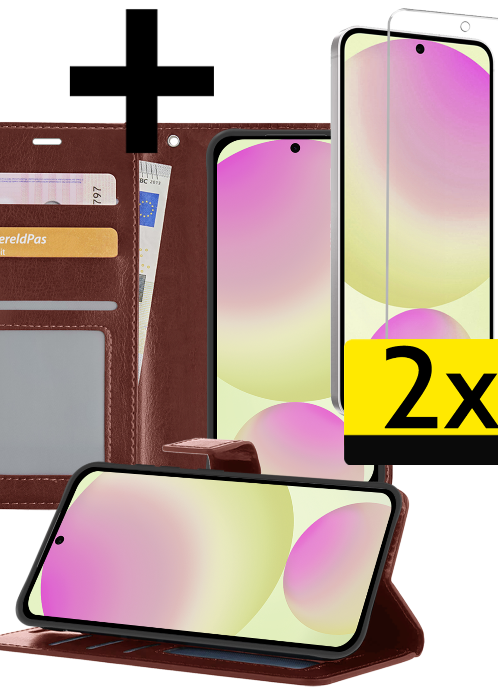 LUQ Hoesje Geschikt voor Samsung S24 FE Hoesje Book Case Hoes Wallet Cover Met 2x Screenprotector - Hoes Geschikt voor Samsung Galaxy S24 FE Hoesje Bookcase Hoes - Bruin