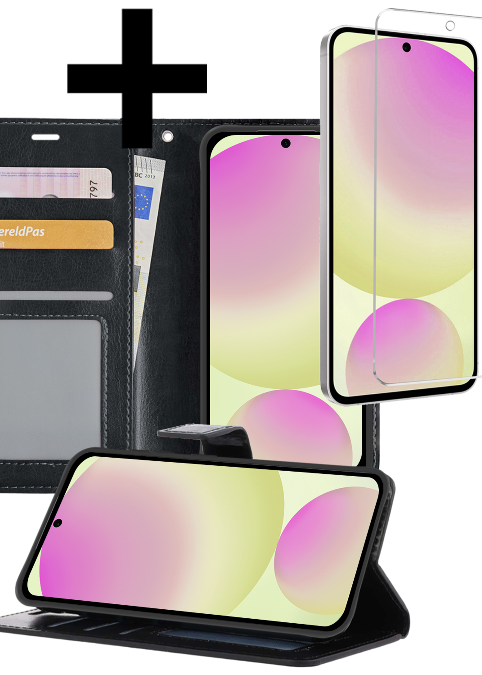 LUQ Hoesje Geschikt voor Samsung S24 FE Hoesje Book Case Hoes Wallet Cover Met Screenprotector - Hoes Geschikt voor Samsung Galaxy S24 FE Hoesje Bookcase Hoes - Zwart