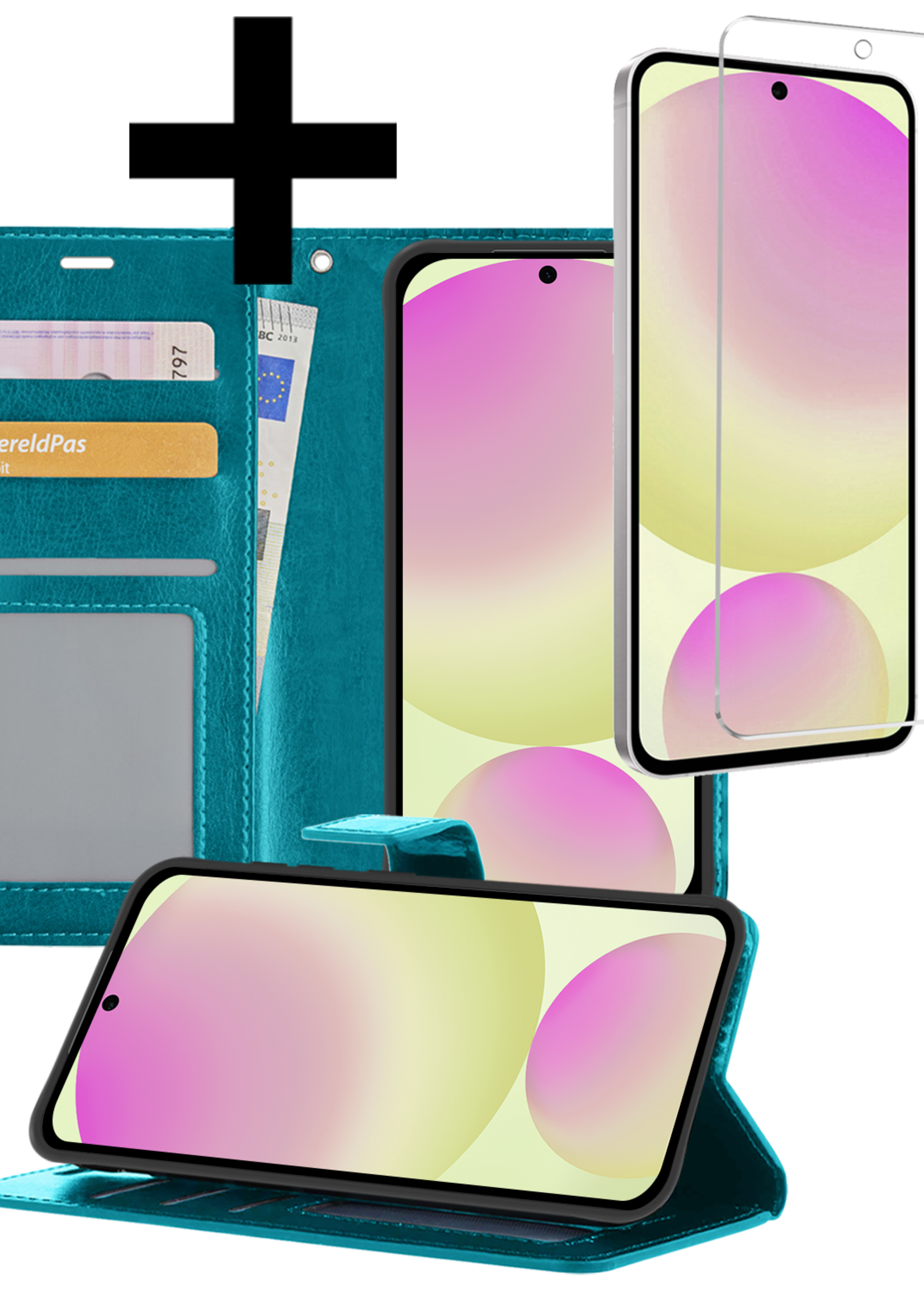 LUQ Hoesje Geschikt voor Samsung S24 FE Hoesje Book Case Hoes Wallet Cover Met Screenprotector - Hoes Geschikt voor Samsung Galaxy S24 FE Hoesje Bookcase Hoes - Turquoise