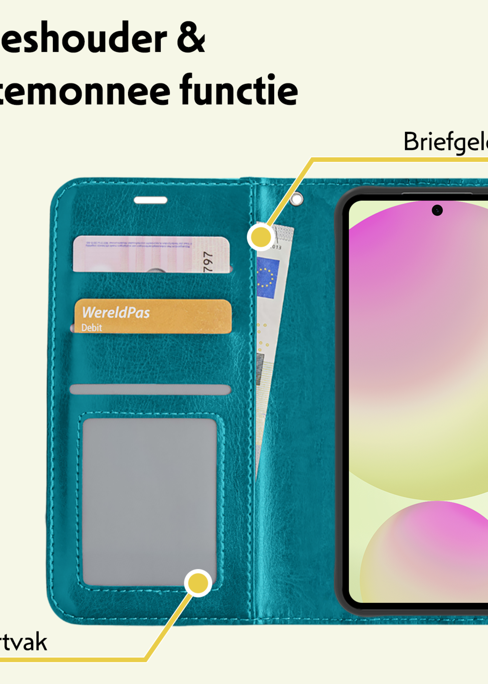 LUQ Hoesje Geschikt voor Samsung S24 FE Hoesje Book Case Hoes Wallet Cover Met Screenprotector - Hoes Geschikt voor Samsung Galaxy S24 FE Hoesje Bookcase Hoes - Turquoise