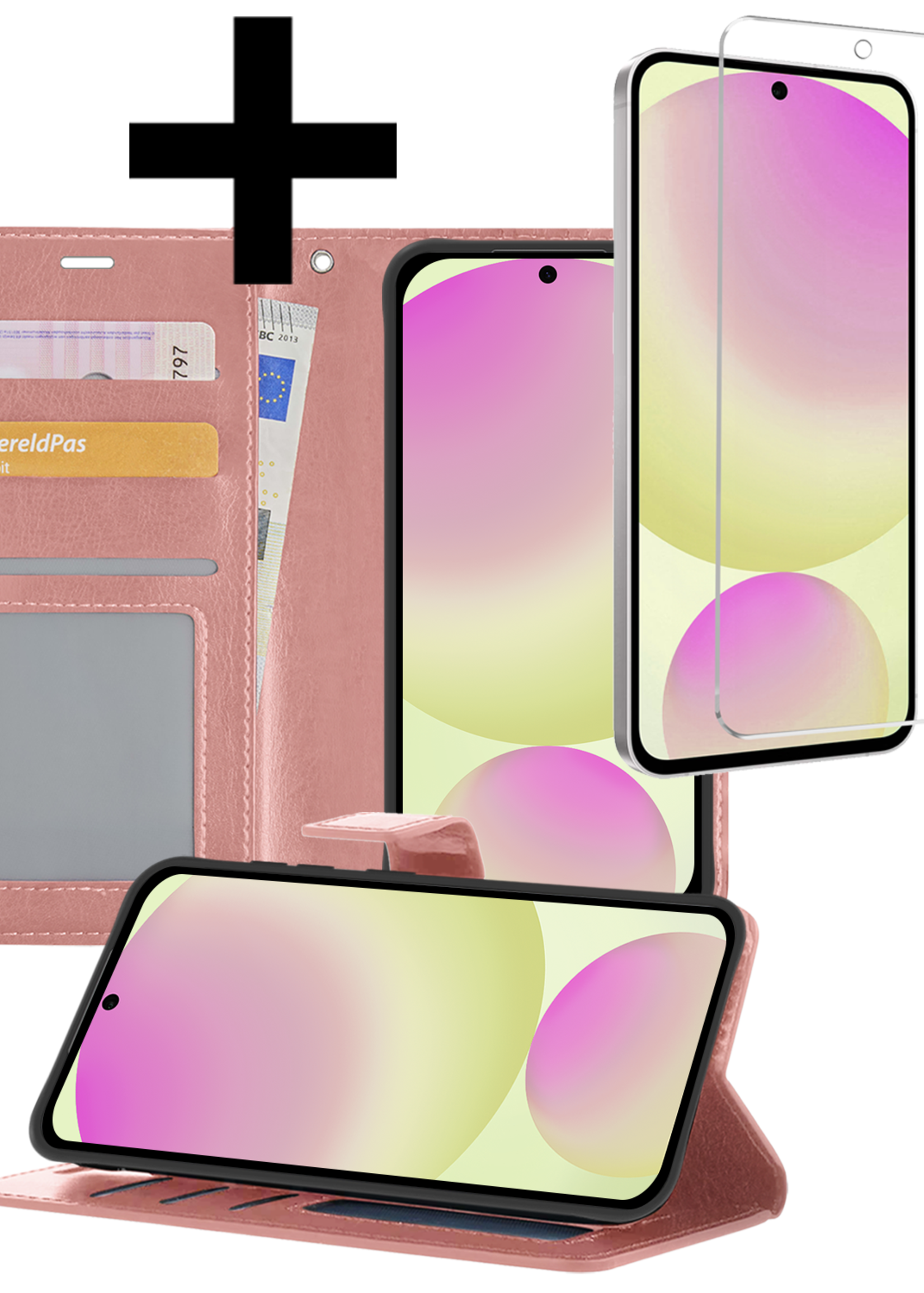 LUQ Hoesje Geschikt voor Samsung S24 FE Hoesje Book Case Hoes Wallet Cover Met Screenprotector - Hoes Geschikt voor Samsung Galaxy S24 FE Hoesje Bookcase Hoes - Rosé goud