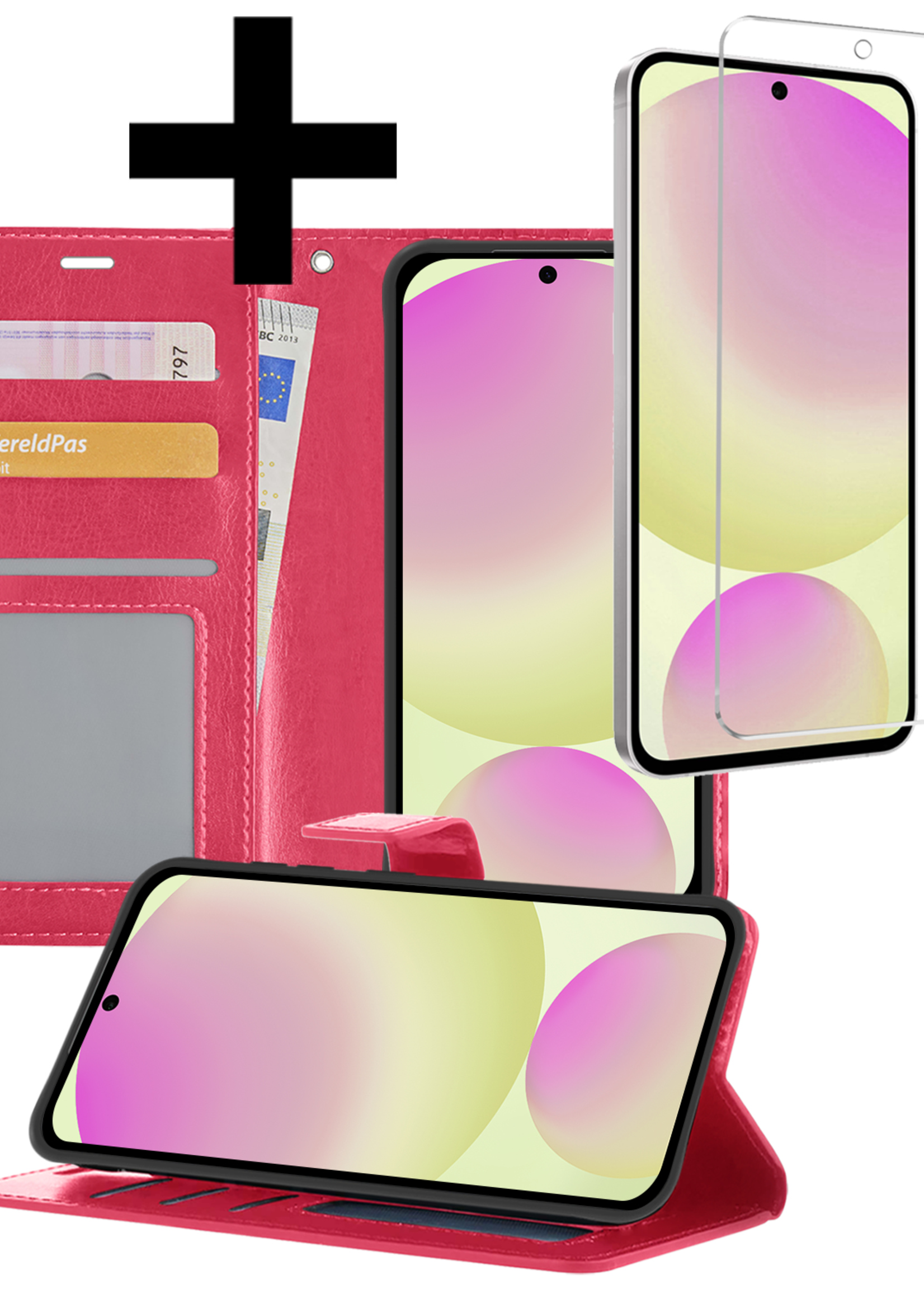 LUQ Hoesje Geschikt voor Samsung S24 FE Hoesje Book Case Hoes Wallet Cover Met Screenprotector - Hoes Geschikt voor Samsung Galaxy S24 FE Hoesje Bookcase Hoes - Donkerroze