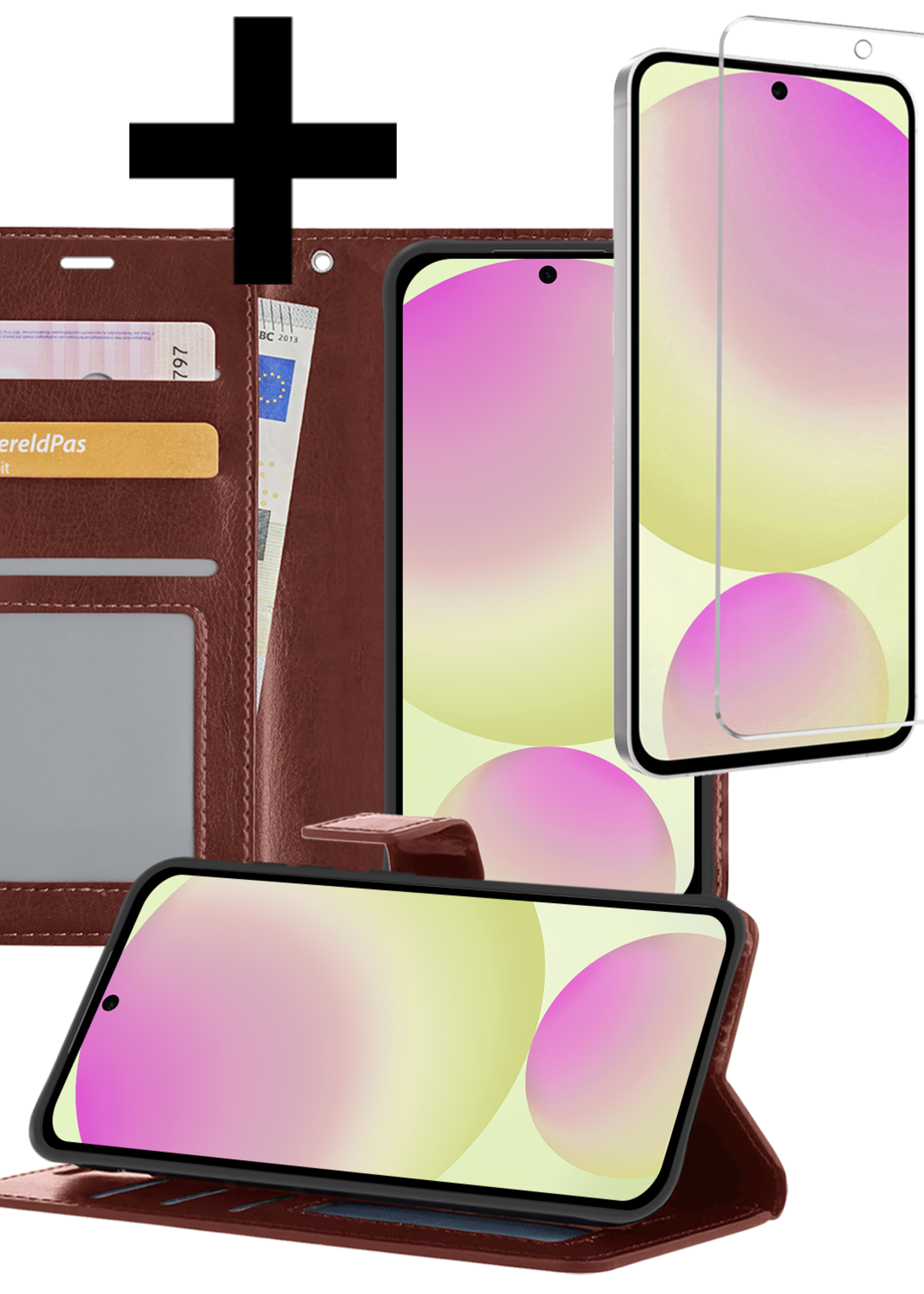 LUQ Hoesje Geschikt voor Samsung S24 FE Hoesje Book Case Hoes Wallet Cover Met Screenprotector - Hoes Geschikt voor Samsung Galaxy S24 FE Hoesje Bookcase Hoes - Bruin