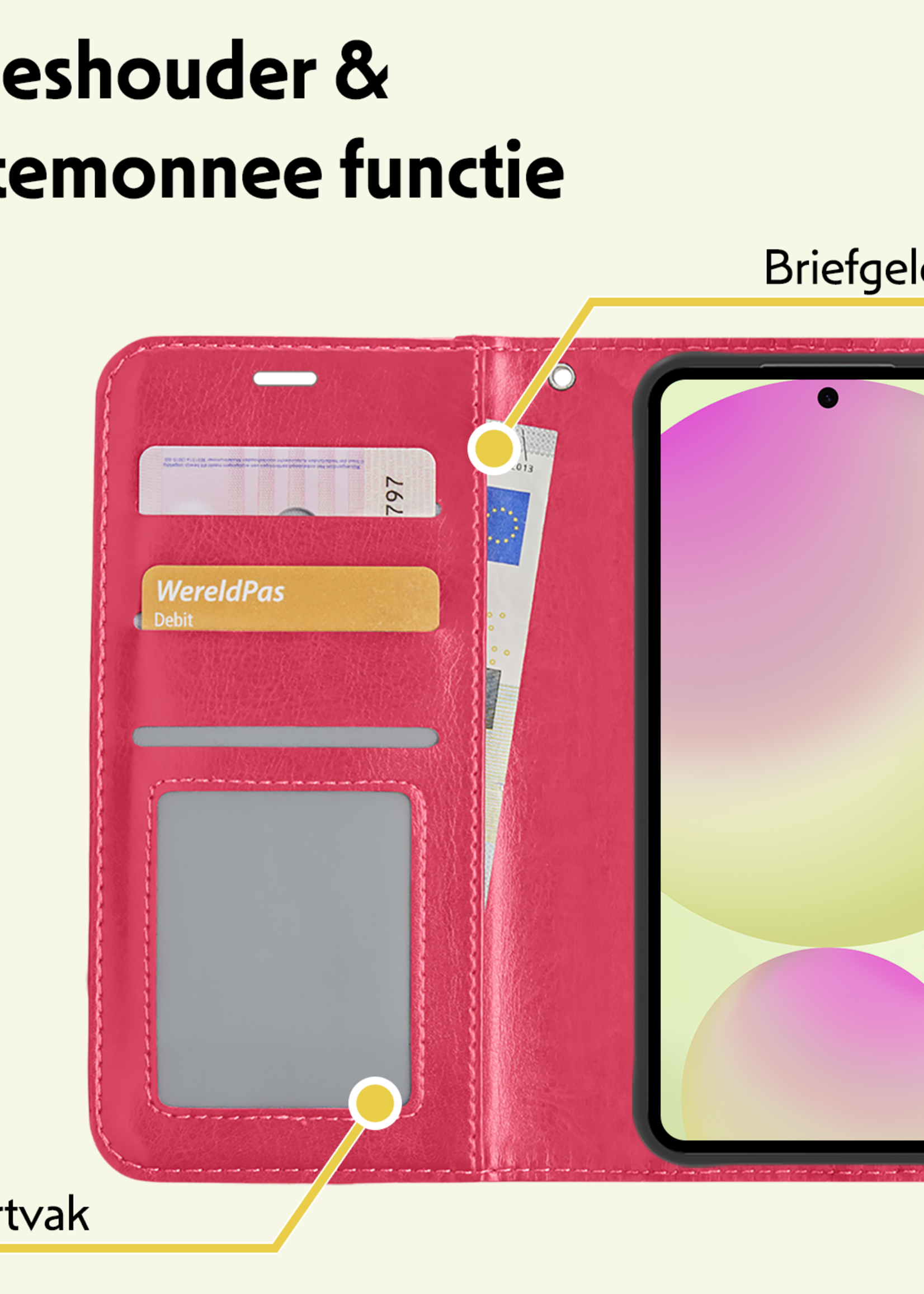 LUQ Hoesje Geschikt voor Samsung S24 FE Hoesje Book Case Hoes Wallet Cover - Hoes Geschikt voor Samsung Galaxy S24 FE Hoesje Bookcase Hoes - Donkerroze