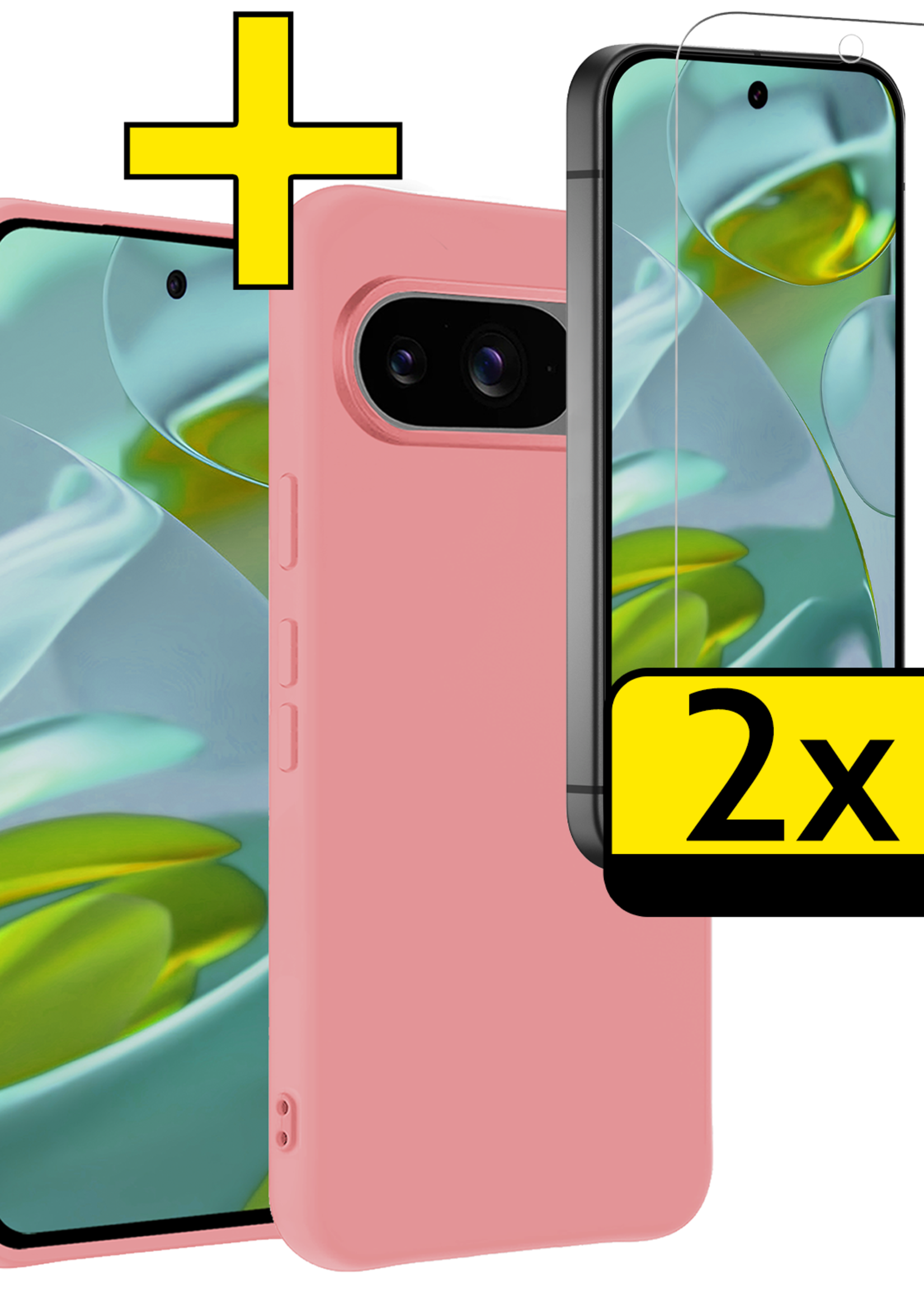 LUQ Hoesje Geschikt voor Google Pixel 9 Hoesje Siliconen Case Hoes Met 2x Screenprotector - Hoes Geschikt voor Google Pixel 9 Hoes Cover Case - Lichtroze