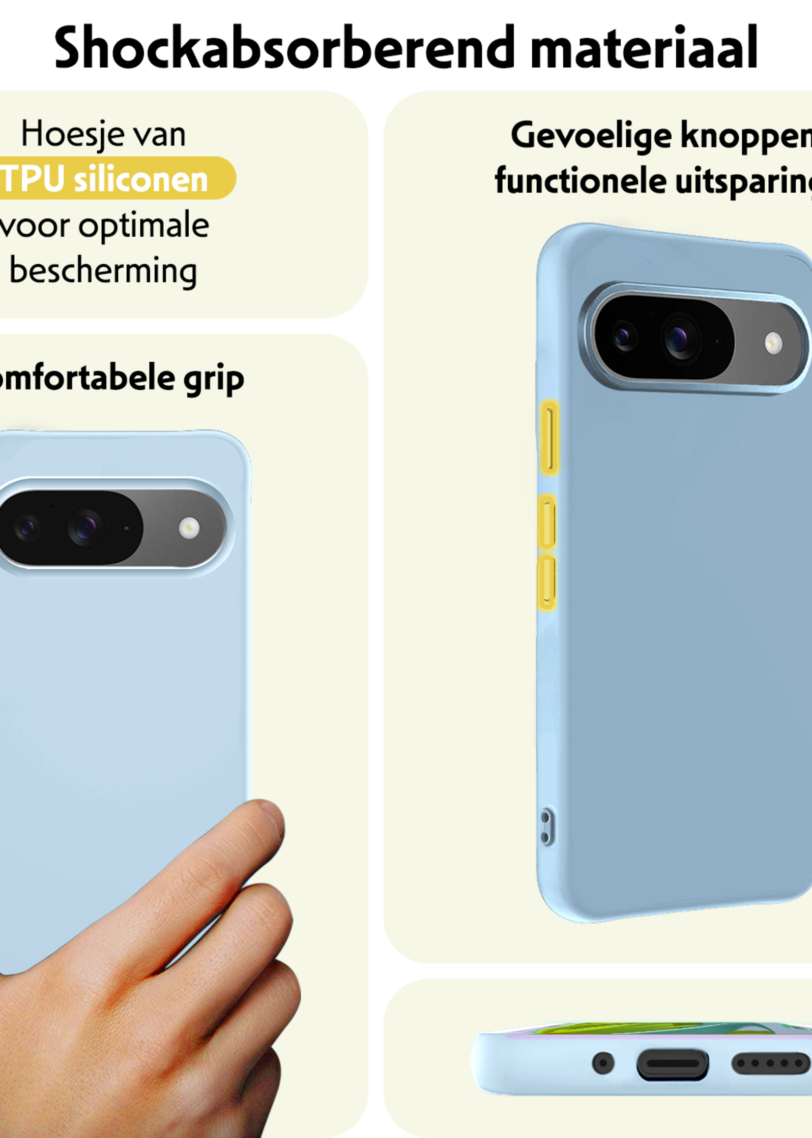 LUQ Hoesje Geschikt voor Google Pixel 9 Hoesje Siliconen Case Hoes Met 2x Screenprotector - Hoes Geschikt voor Google Pixel 9 Hoes Cover Case - Lichtblauw