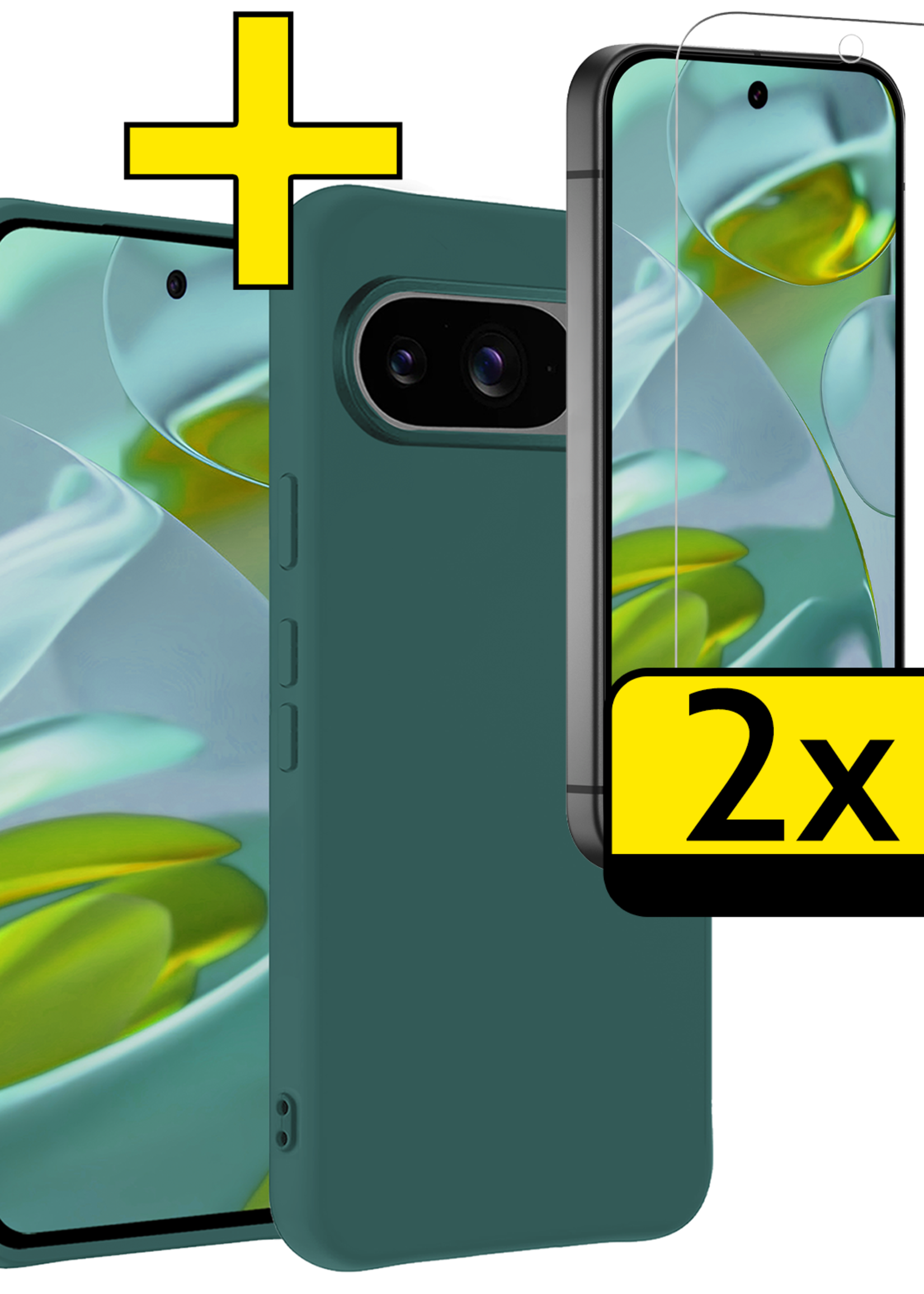 LUQ Hoesje Geschikt voor Google Pixel 9 Hoesje Siliconen Case Hoes Met 2x Screenprotector - Hoes Geschikt voor Google Pixel 9 Hoes Cover Case - Donkergroen