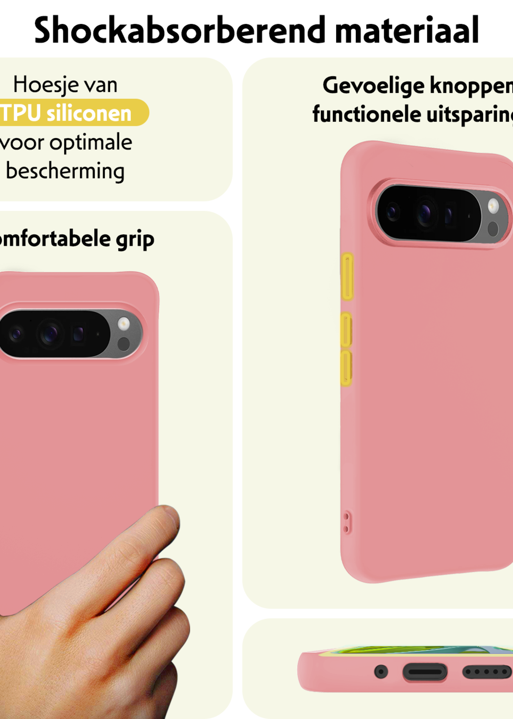 LUQ Hoesje Geschikt voor Google Pixel 9 Pro Hoesje Siliconen Case Hoes Met 2x Screenprotector - Hoes Geschikt voor Google Pixel 9 Pro Hoes Cover Case - Lichtroze