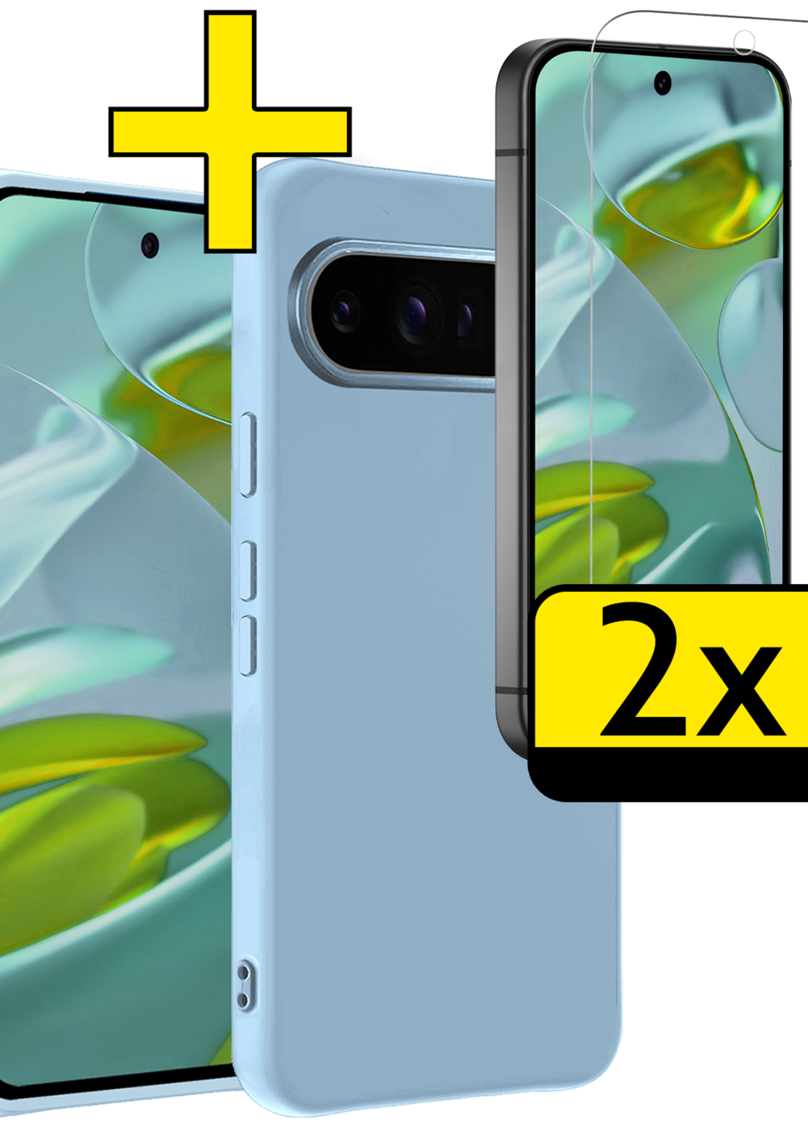 LUQ Hoesje Geschikt voor Google Pixel 9 Pro Hoesje Siliconen Case Hoes Met 2x Screenprotector - Hoes Geschikt voor Google Pixel 9 Pro Hoes Cover Case - Lichtblauw