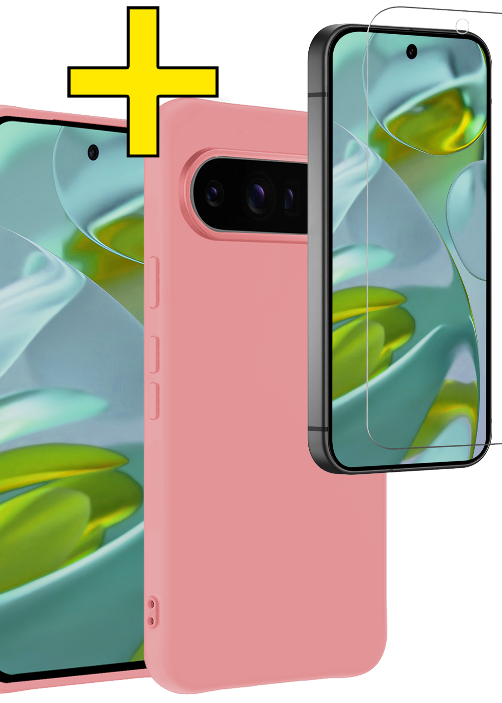 LUQ Hoesje Geschikt voor Google Pixel 9 Pro Hoesje Siliconen Case Hoes Met Screenprotector - Hoes Geschikt voor Google Pixel 9 Pro Hoes Cover Case - Lichtroze