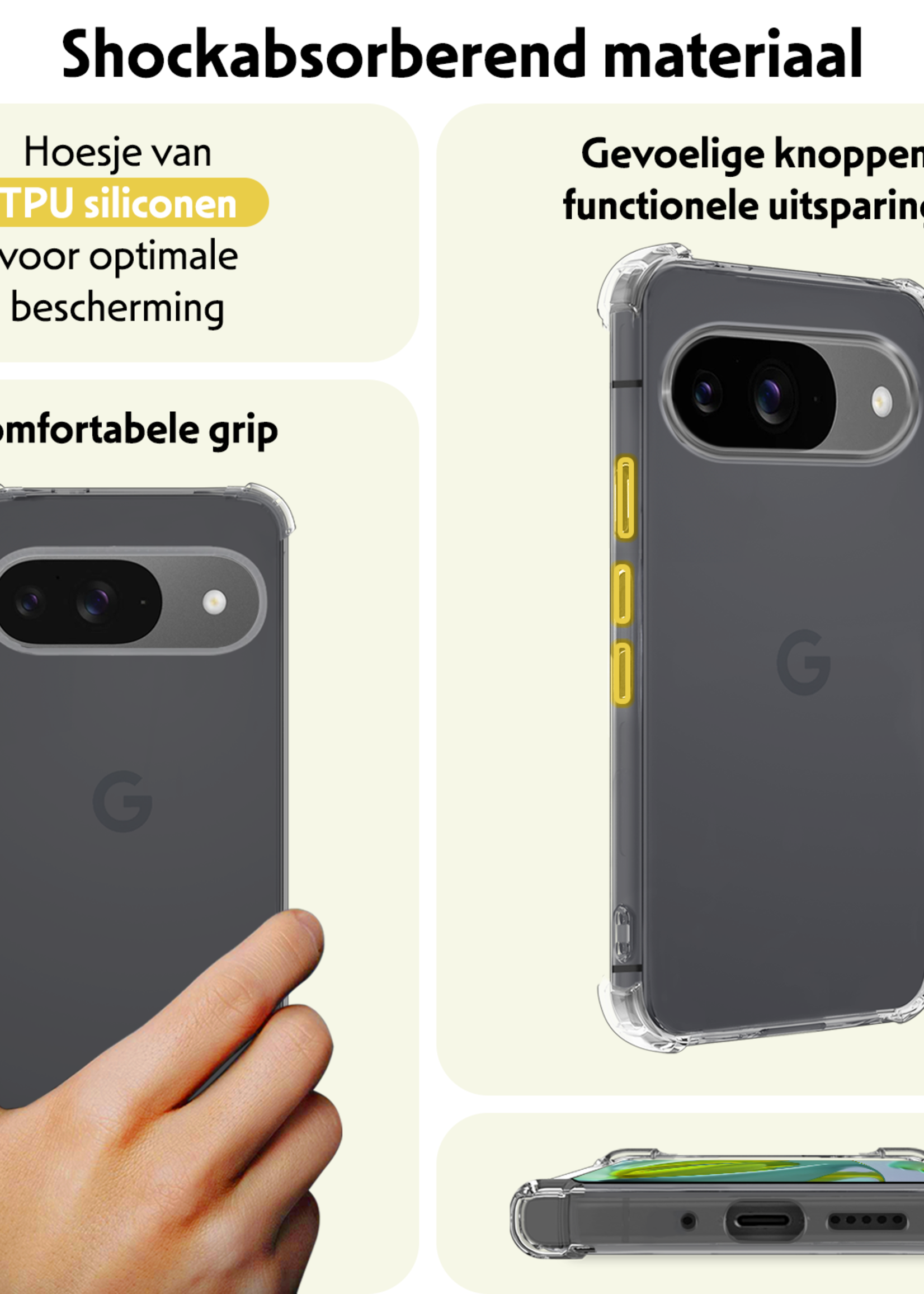 LUQ Hoesje Geschikt voor Google Pixel 9 Hoesje Siliconen Shock Proof Case Hoes Met 2x Screenprotector - Hoes Geschikt voor Google Pixel 9 Hoes Cover Case Shockproof - Transparant