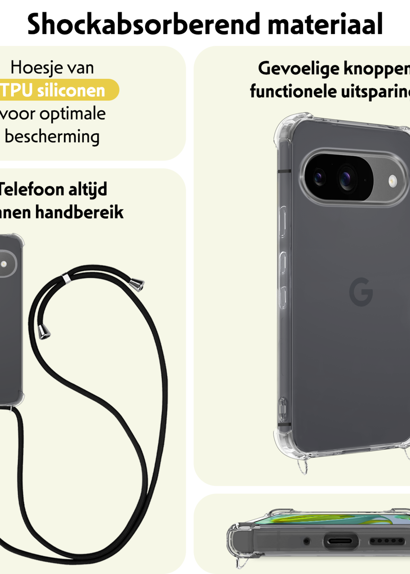LUQ Hoesje Geschikt voor Google Pixel 9 Hoesje Siliconen Shock Proof Hoesje Met Koord Case Met Telefoonkoord - Hoes Geschikt voor Google Pixel 9 Hoesje Cover Shockproof Met Koord - Transparant
