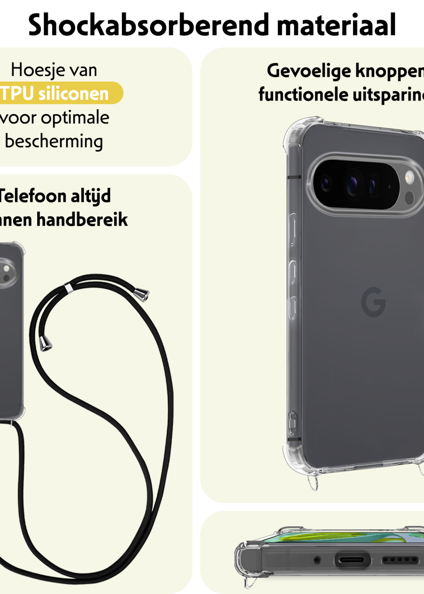 LUQ Hoesje Geschikt voor Google Pixel 9 Pro Hoesje Siliconen Shock Proof Hoesje Met Koord Case Met Telefoonkoord - Hoes Geschikt voor Google Pixel 9 Pro Hoesje Cover Shockproof Met Koord - Transparant