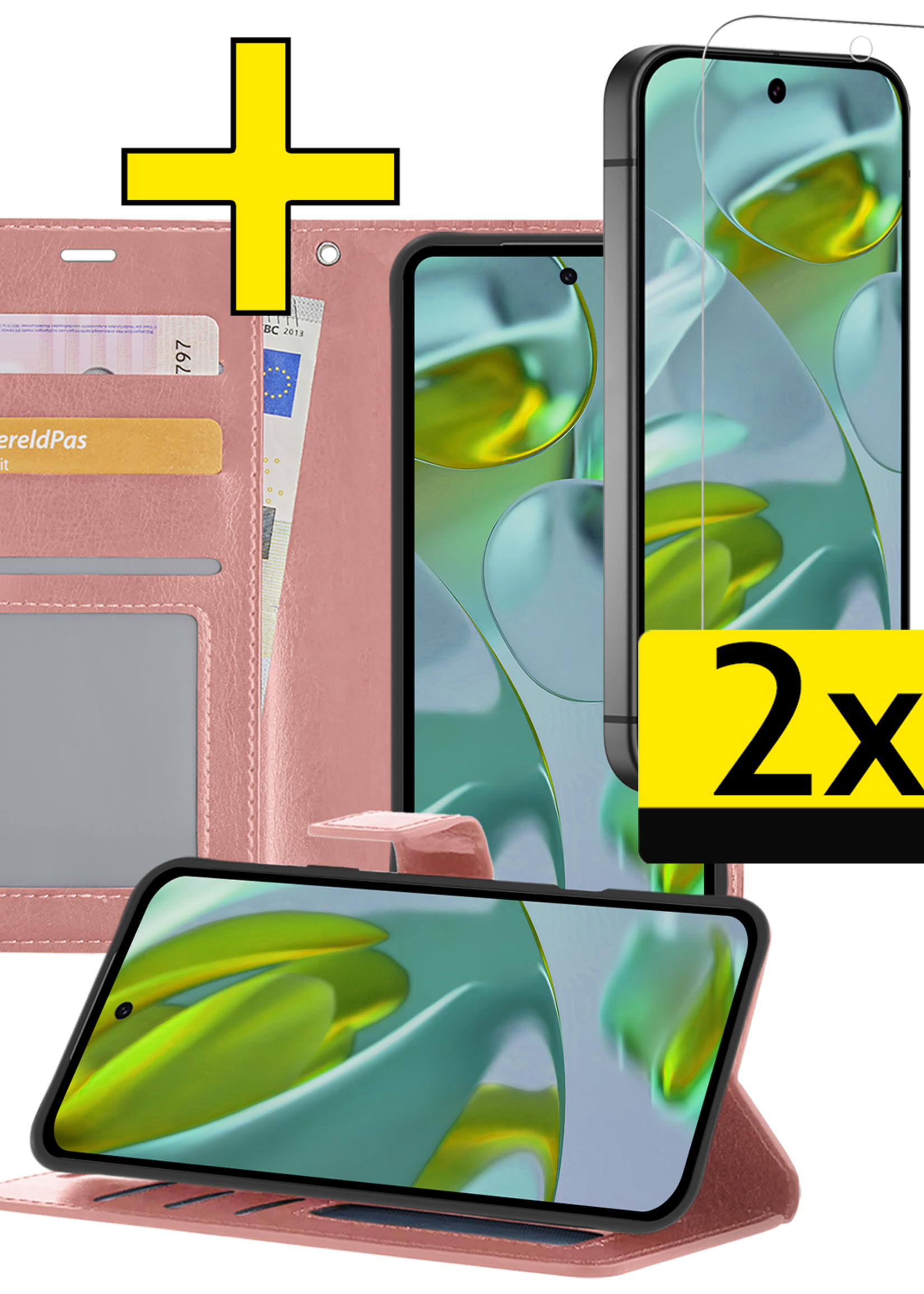 LUQ Hoesje Geschikt voor Google Pixel 9 Pro XL Hoesje Book Case Hoes Portemonnee Cover Walletcase Met 2x Screenprotector - Hoes Geschikt voor Google Pixel 9 Pro XL Hoes Bookcase Hoesje - Rosé goud