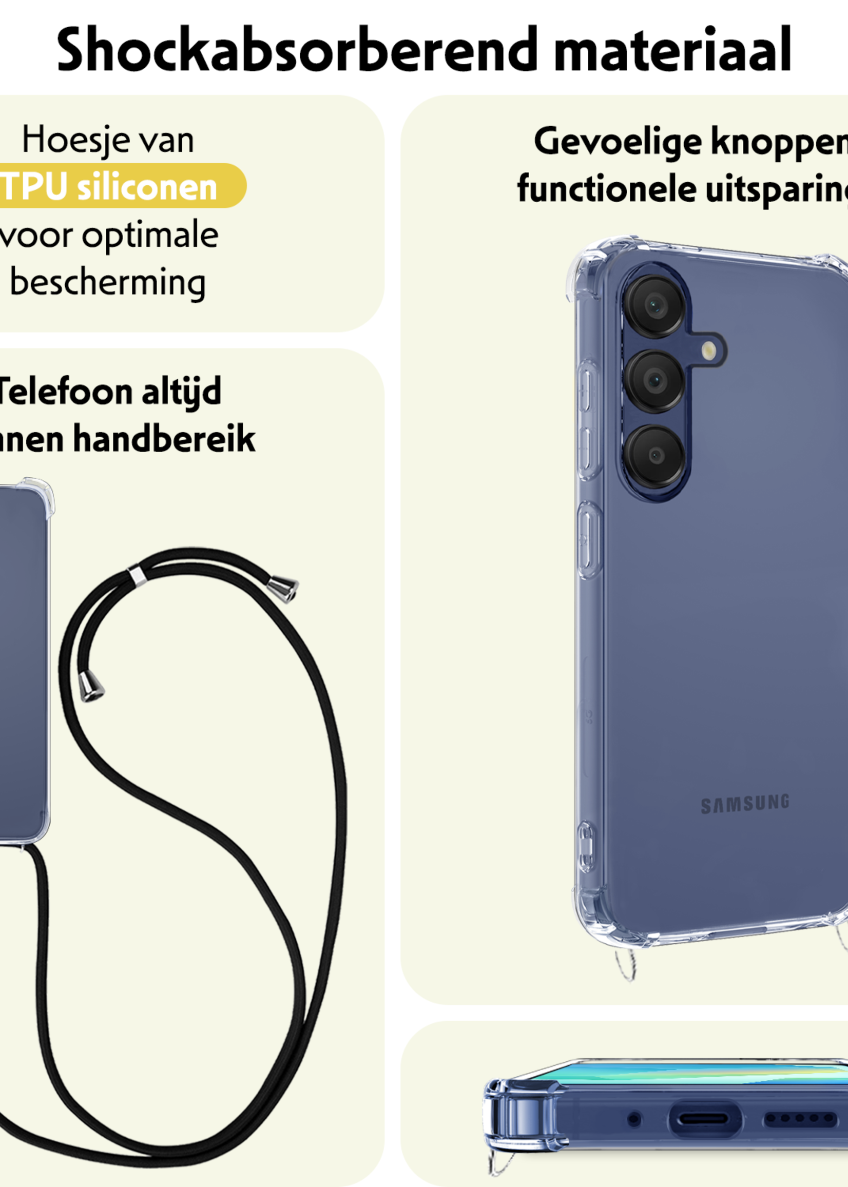 LUQ Hoesje Geschikt voor Samsung A16 Hoesje Shockproof Case Siliconen Hoes Met Koord - Transparant