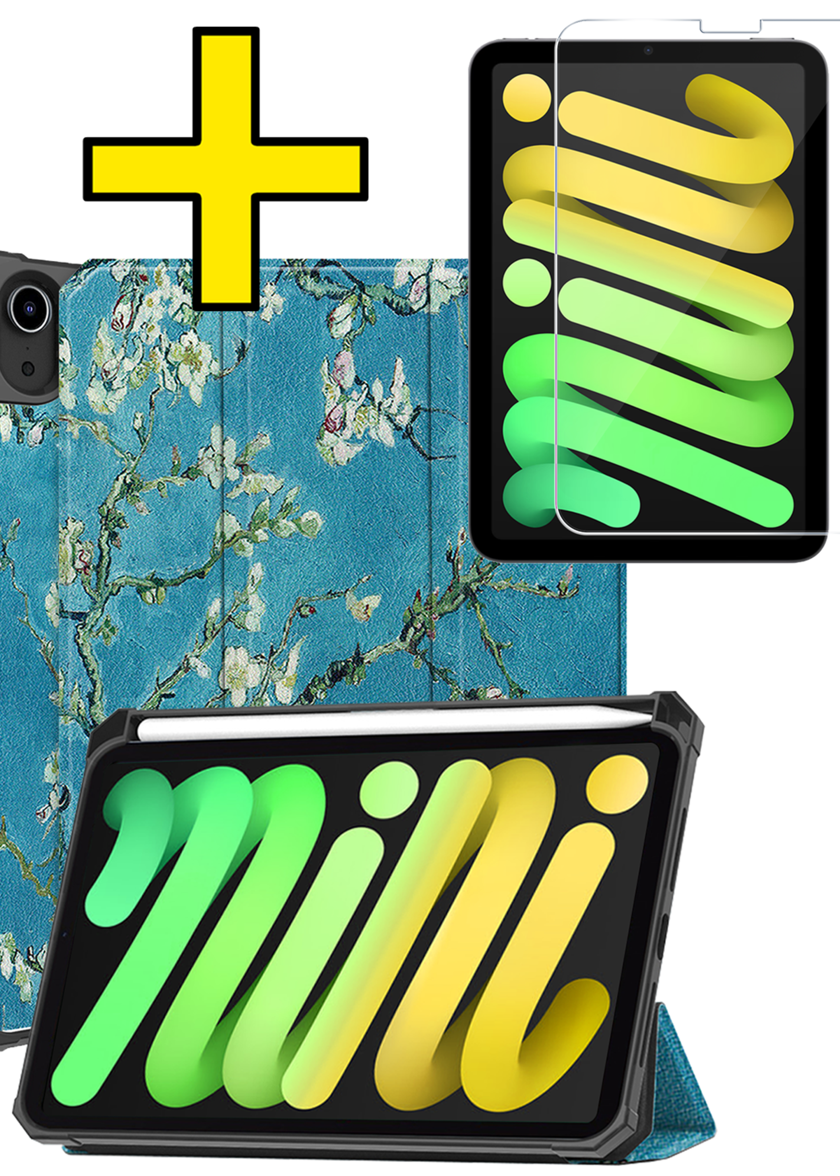 LUQ LUQ iPad Mini 7 Hoesje Met Uitsparing Apple Pencil En Met Screenprotector - Witte Bloesem