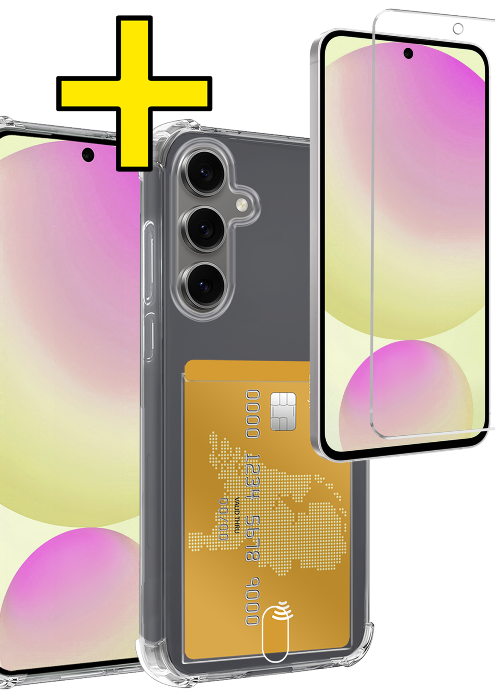 LUQ Hoesje Geschikt voor Samsung S24 FE Hoesje Case Pashouder Cover Siliconen Met Screenprotector - Hoes Geschikt voor Samsung Galaxy S24 FE Hoesje Met Kaarthouder - Transparant