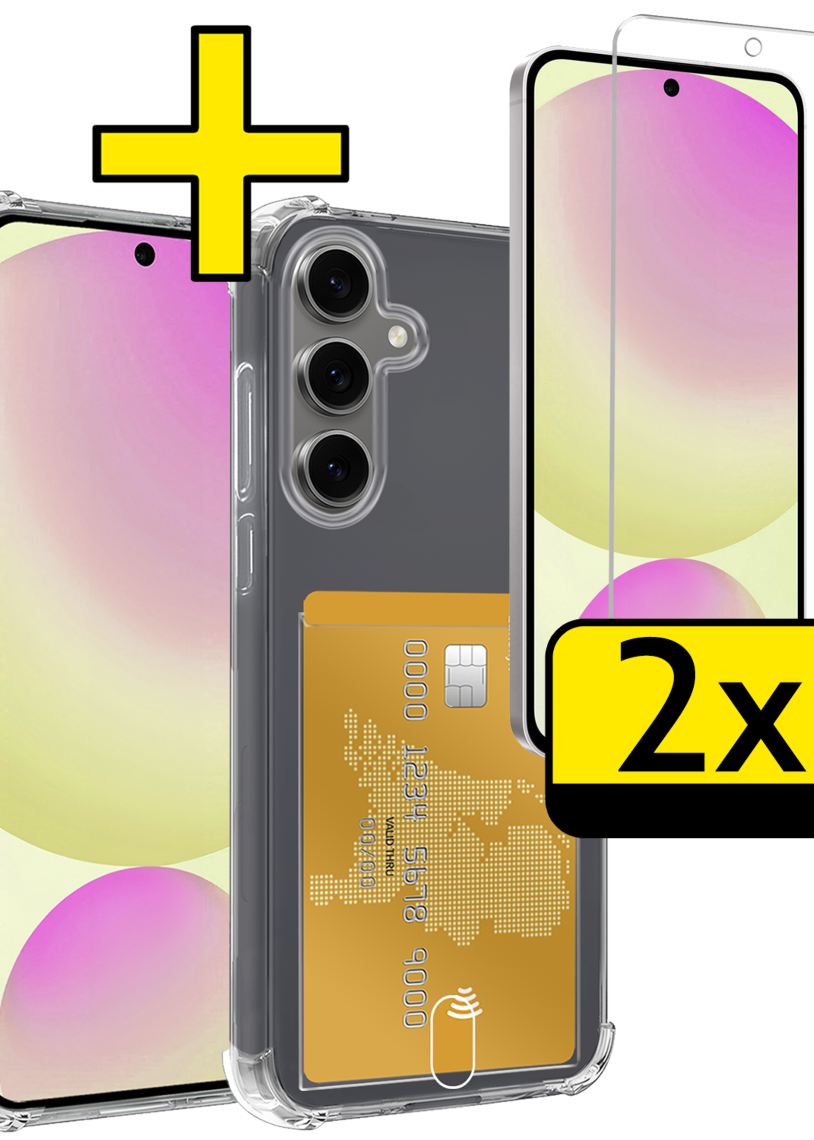 LUQ Hoesje Geschikt voor Samsung S24 FE Hoesje Case Pashouder Cover Siliconen Met 2x Screenprotector - Hoes Geschikt voor Samsung Galaxy S24 FE Hoesje Met Kaarthouder - Transparant