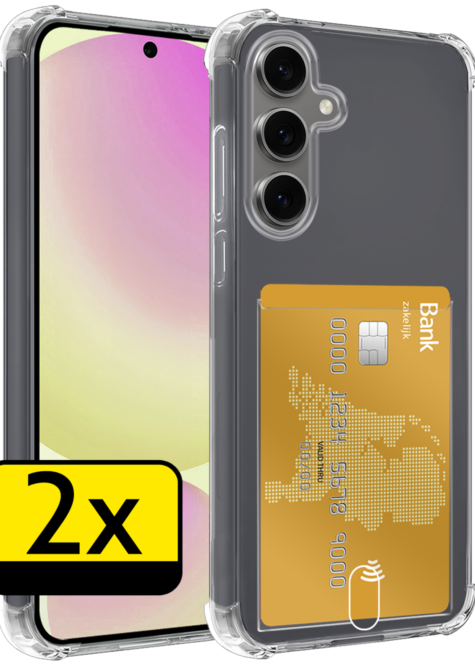 LUQ Hoesje Geschikt voor Samsung S24 FE Hoesje Case Pashouder Cover Siliconen - Hoes Geschikt voor Samsung Galaxy S24 FE Hoesje Met Kaarthouder - Transparant - 2 Stuks