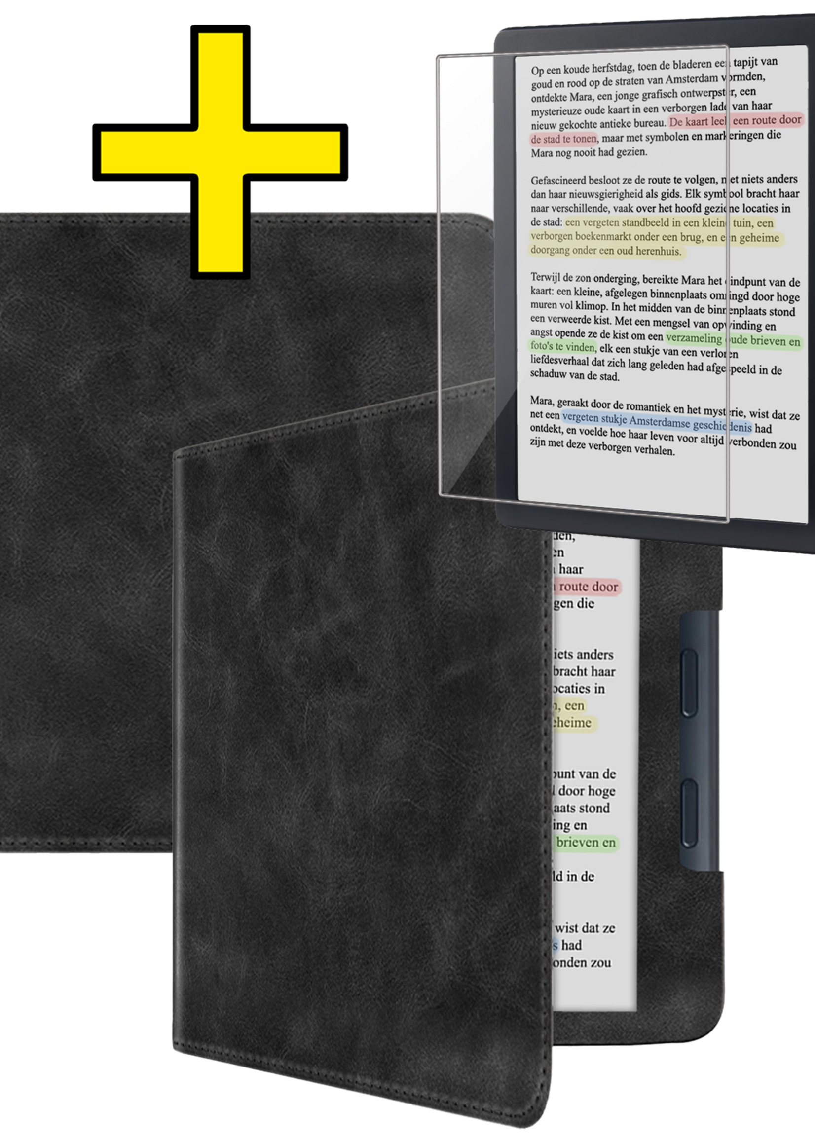 LUQ LUQ Kobo Libra Colour Hoesje Leer Met Screenprotector - Zwart