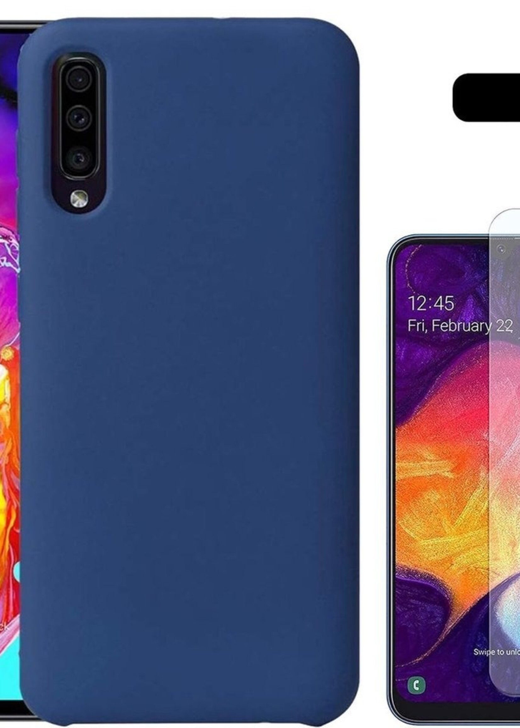 LUQ LUQ Samsung Galaxy A50 Siliconen Hoesje Cover Donker Blauw Met 1x Screenprotector