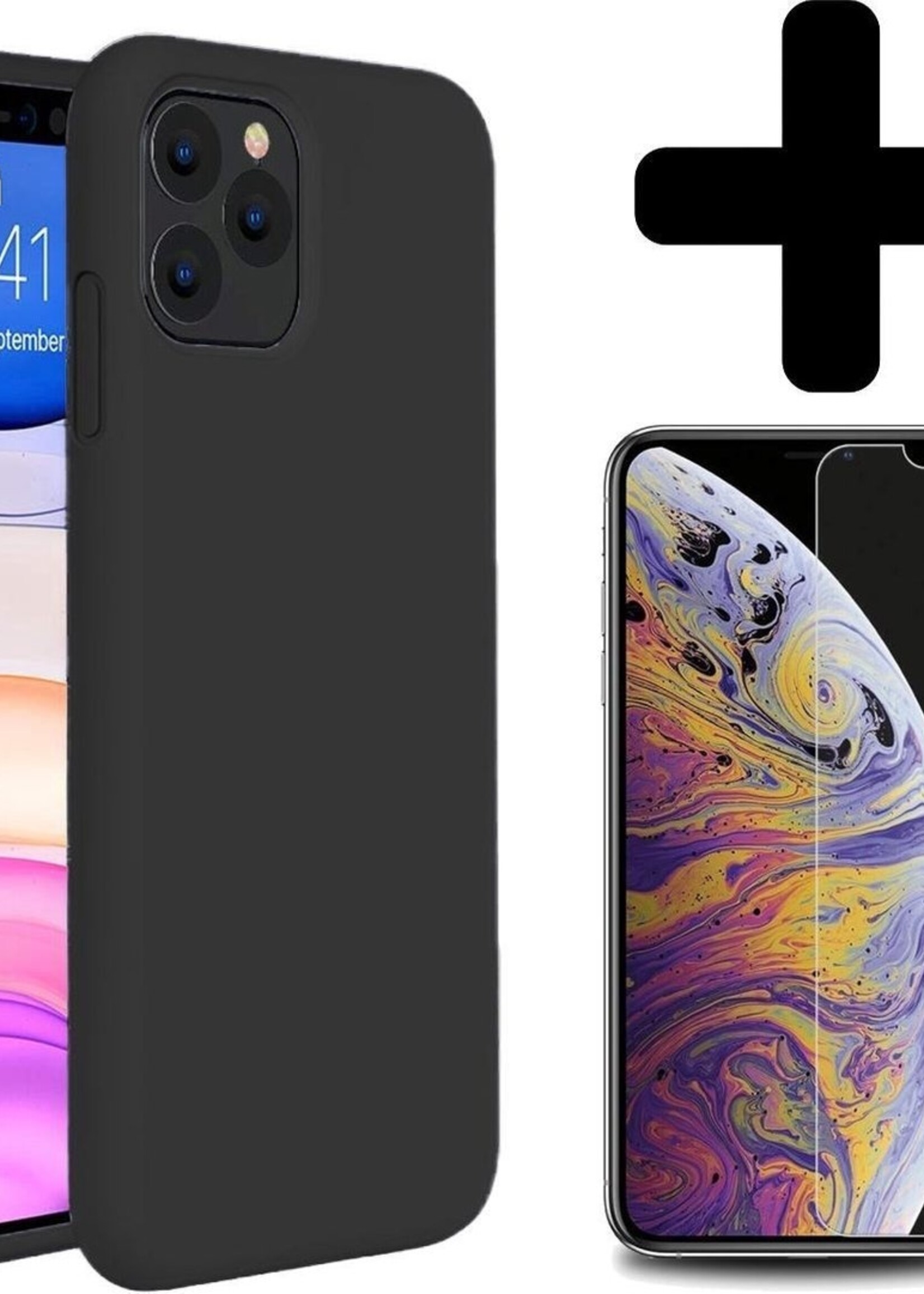 LUQ LUQ iPhone 11 Pro Max Hoesje Silicone Case Cover Zwart Met Screenprotector Gehard Glas