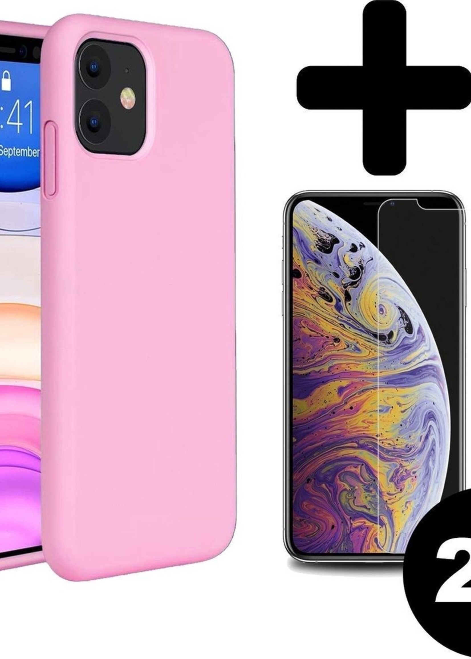 LUQ LUQ iPhone 11 Hoesje Siliconen Cover Roze Met 2x Screenprotector Gehard Glas