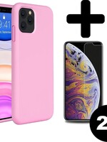 LUQ LUQ iPhone 11 Pro Max Hoesje Silicone Case Cover Roze Met 2x Screenprotector Gehard Glas