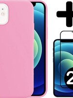 LUQ LUQ iPhone 12 Hoesje Siliconen Roze En 2x Screenprotector Full Cover