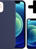 LUQ LUQ iPhone 12 Hoesje Siliconen Donkerblauw En Screenprotector met dichte notch