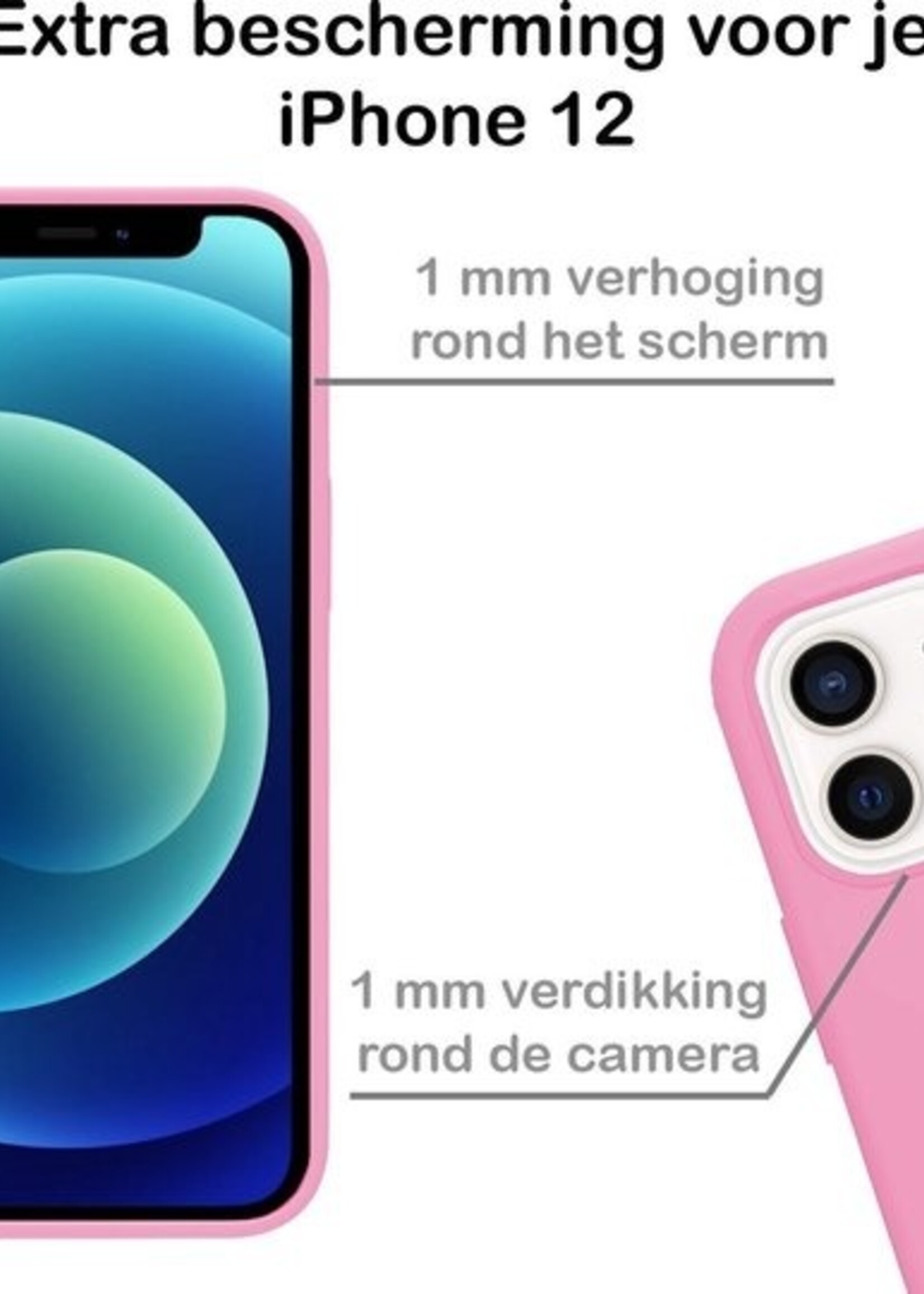 LUQ LUQ iPhone 12 Hoesje Siliconen Roze En Screenprotector met dichte notch