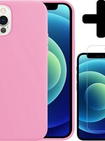 LUQ LUQ iPhone 12 Pro Hoesje Siliconen Roze En Screenprotector met dichte notch
