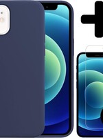 LUQ LUQ iPhone 12 Hoesje Siliconen Donkerblauw En 2x Screenprotector met dichte notch