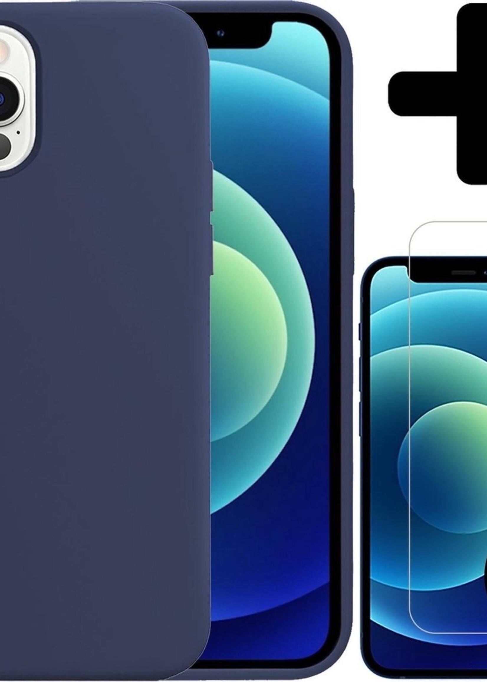 LUQ LUQ iPhone 12 Pro Hoesje Siliconen Donkerblauw En 2x Screenprotector met dichte notch