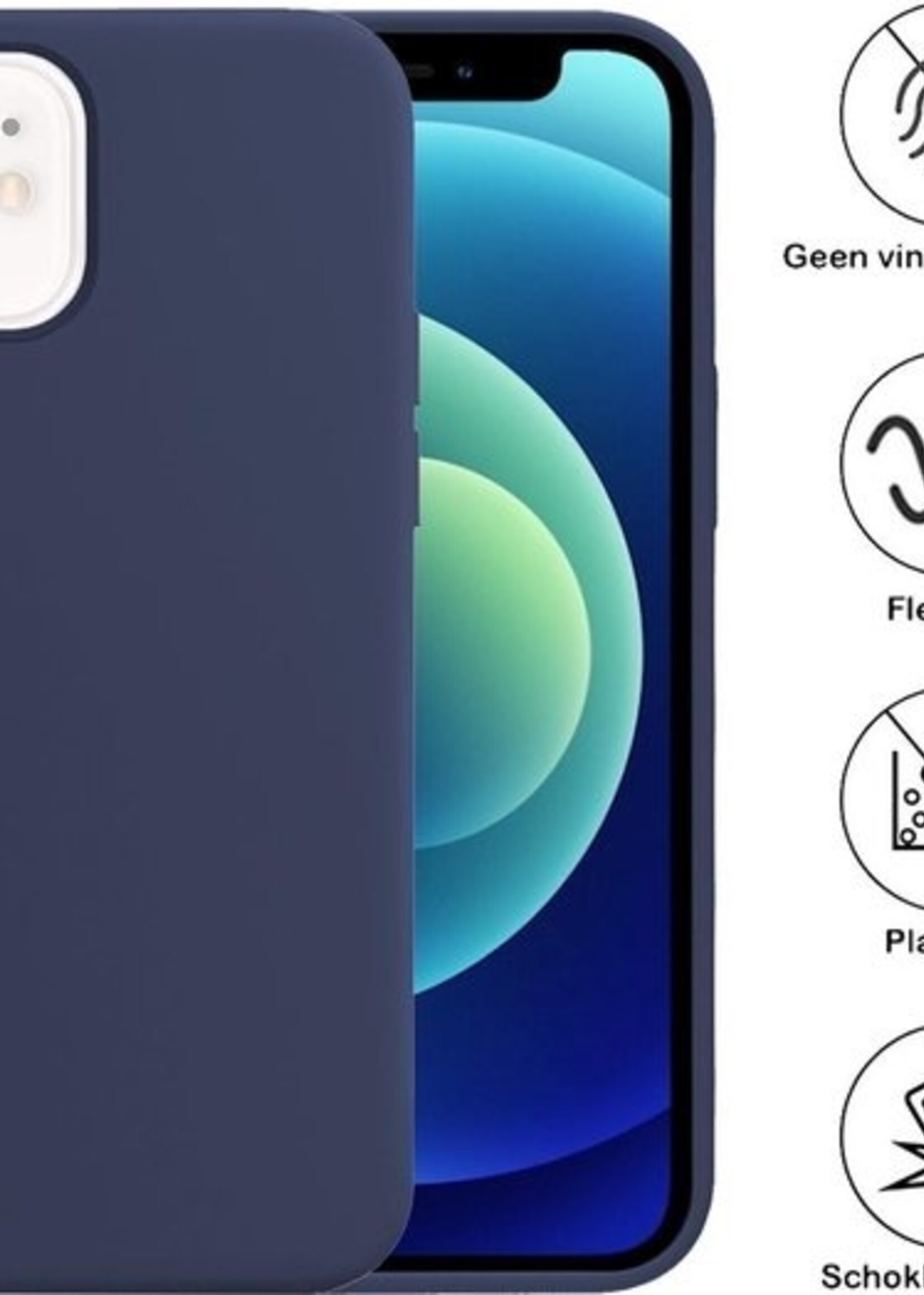 LUQ LUQ iPhone 12 Mini Hoesje Siliconen Donkerblauw En Screenprotector met dichte notch