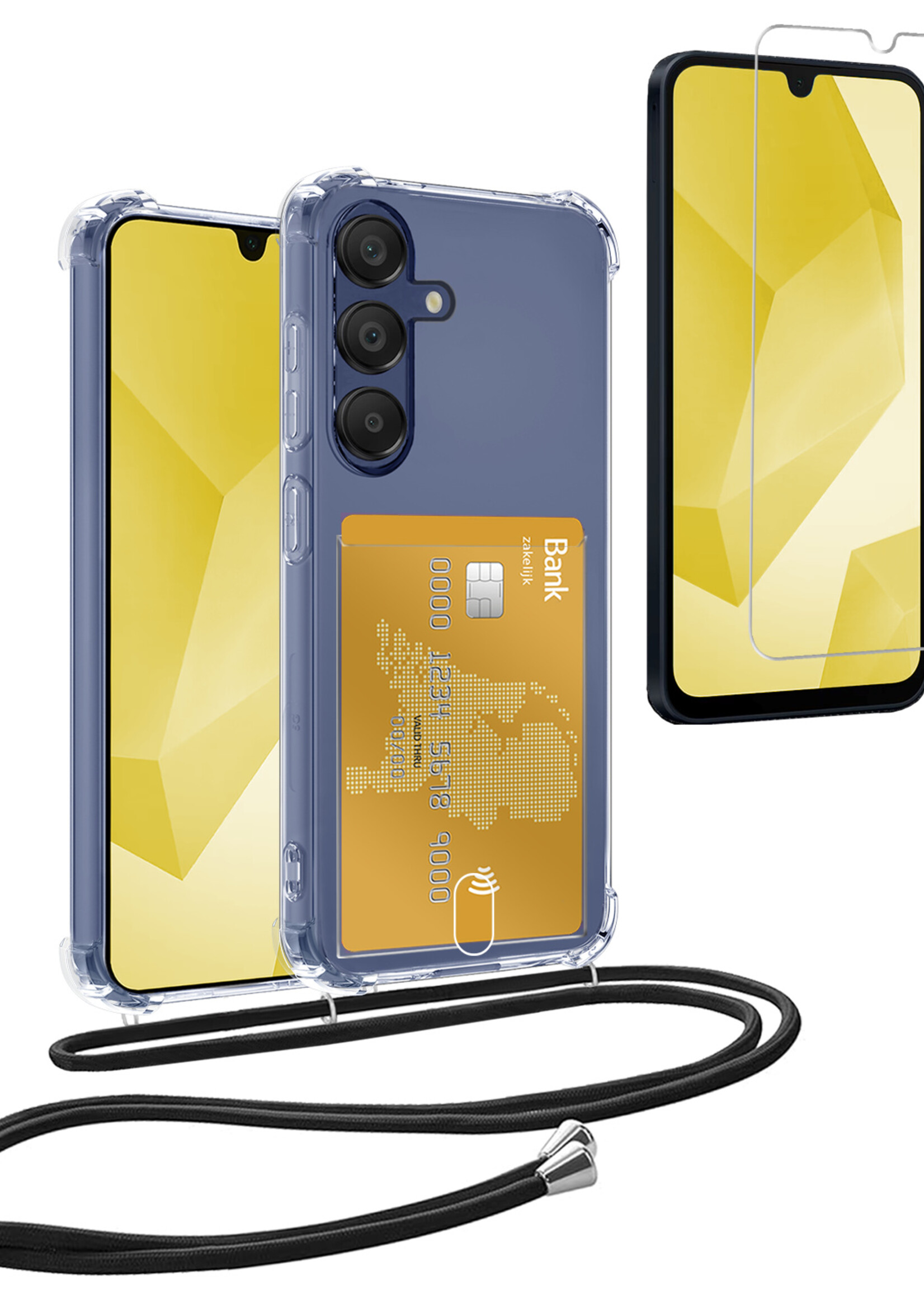 LUQ LUQ Samsung Galaxy A16 Hoesje Pashouder met Koord Met Screenprotector