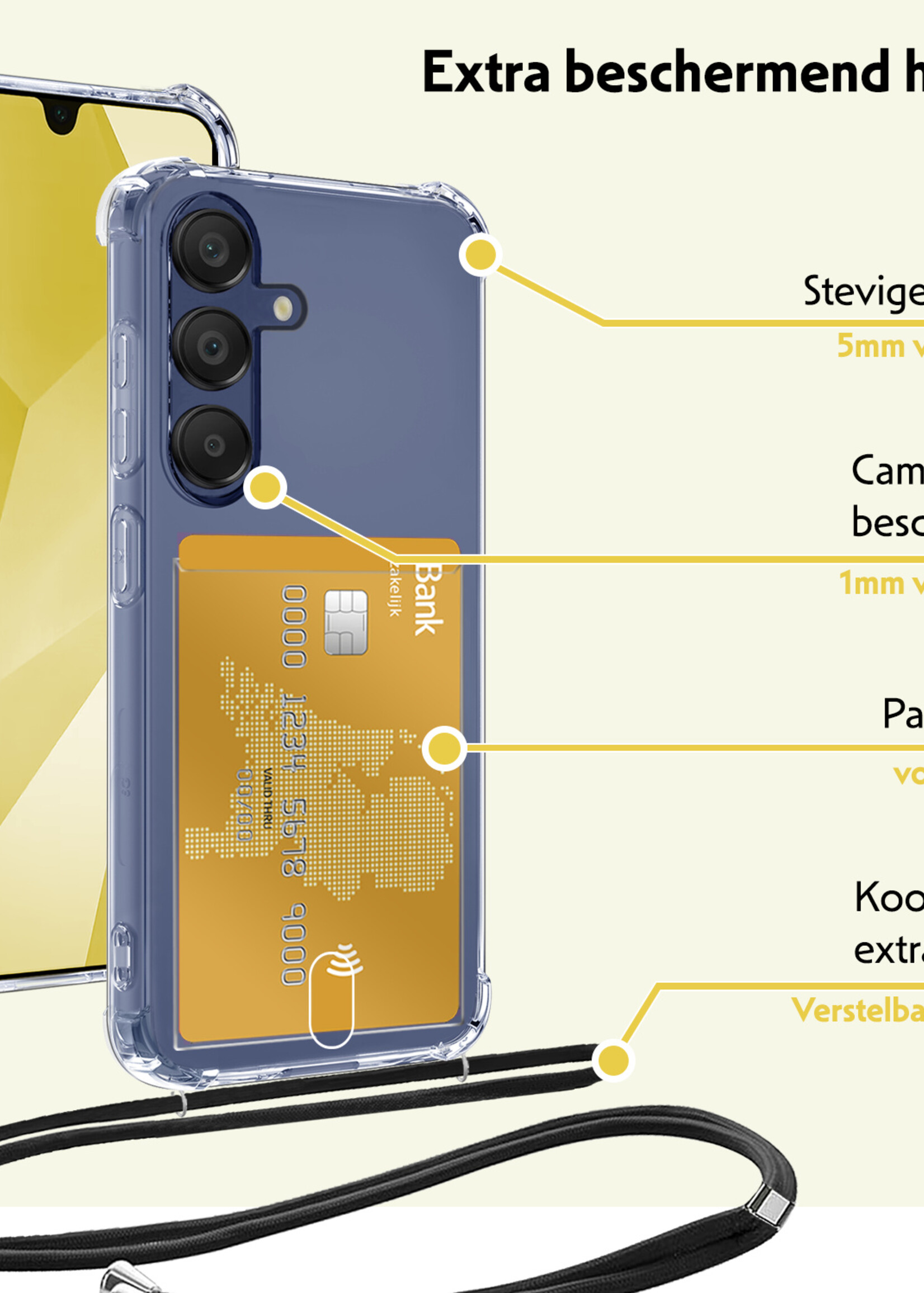 LUQ LUQ Samsung Galaxy A16 Hoesje Pashouder met Koord Met Screenprotector